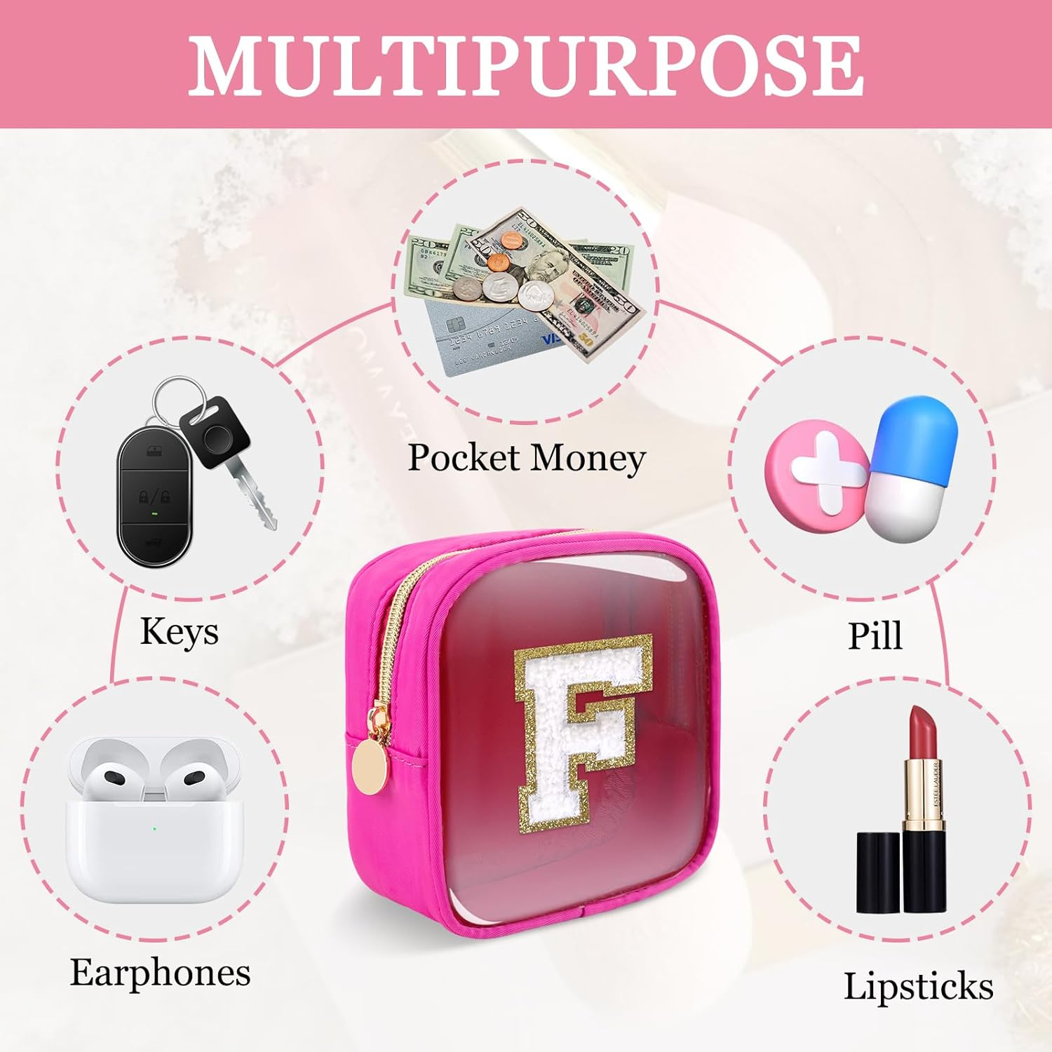 Mini Clear Personalized Initial Makeup Bag, Nylon Preppy A-Z Chenille Letter Patch Zipper Cosmetic Bag, Small Cute Pouch Travel Coin Purse Toiletry Bag, Mini-Hotpink, F image number 7