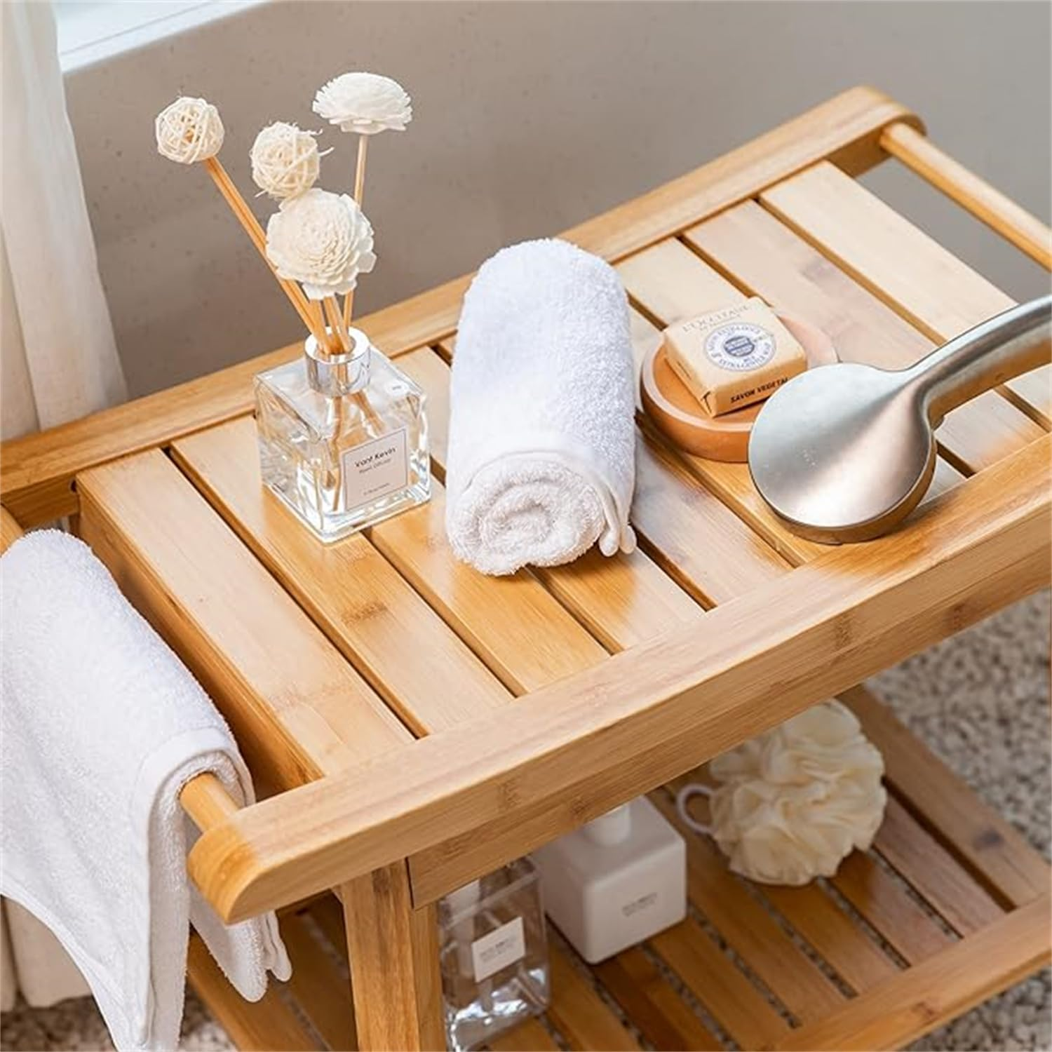 Portable Wooden Spa Bathing Stool with Storage Towel Shelf, Waterproof, Waterproof Shower Spa Chair Seat Bench Organizer Stool with Non-Slip Feet for Indoor or Outdoor(60 X 30 X 45 Cm) image number 3