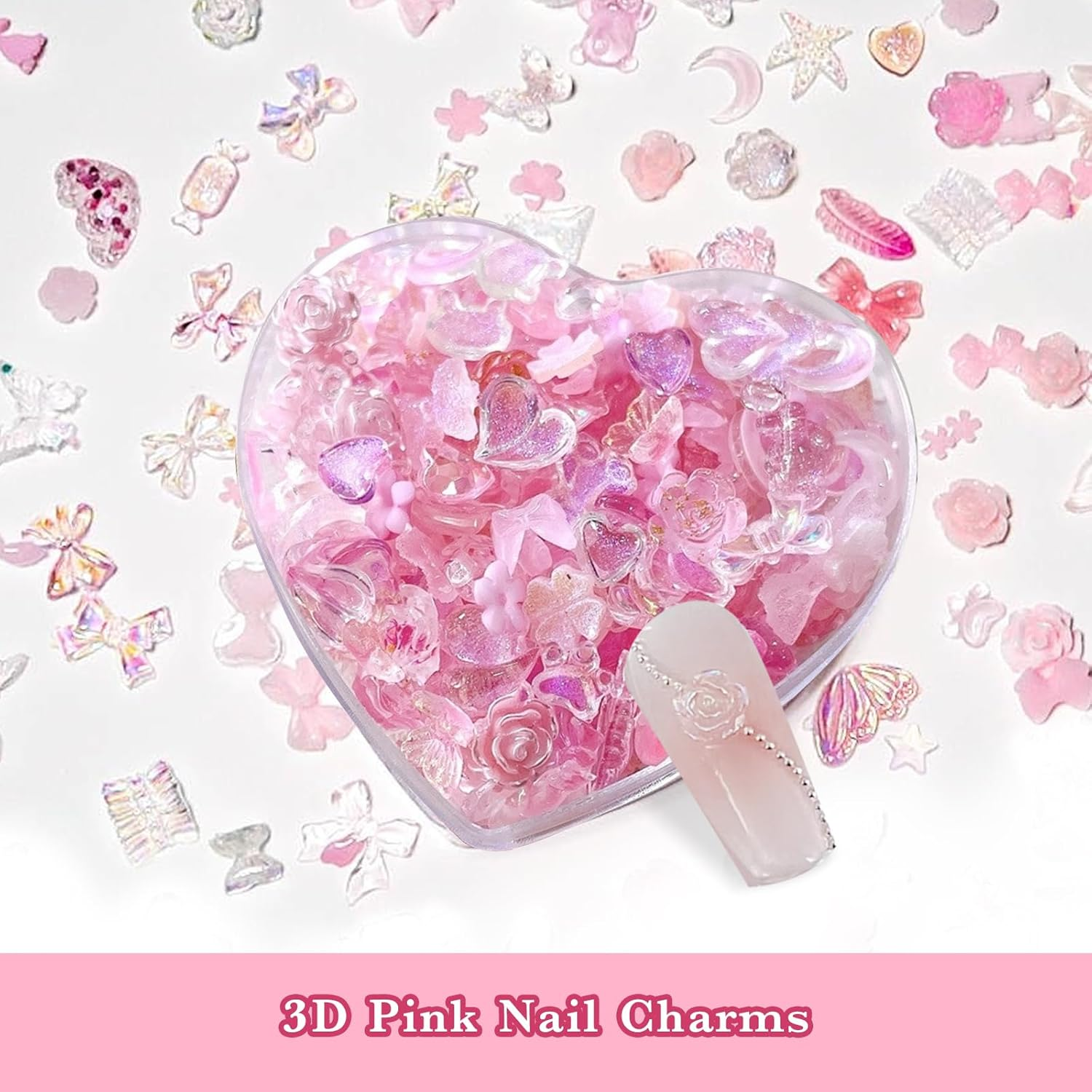 30G Pink Cute Kawaii 3D Nail Charms,Bow Star Moon Rabbit Fishtailsnake Peach Blossom Camellia Love Shell Nail Gems and Charms Bulk,Resin Charms for Acrylic Nail Decoration DIY Crafts,Junk Case Charm image number 5