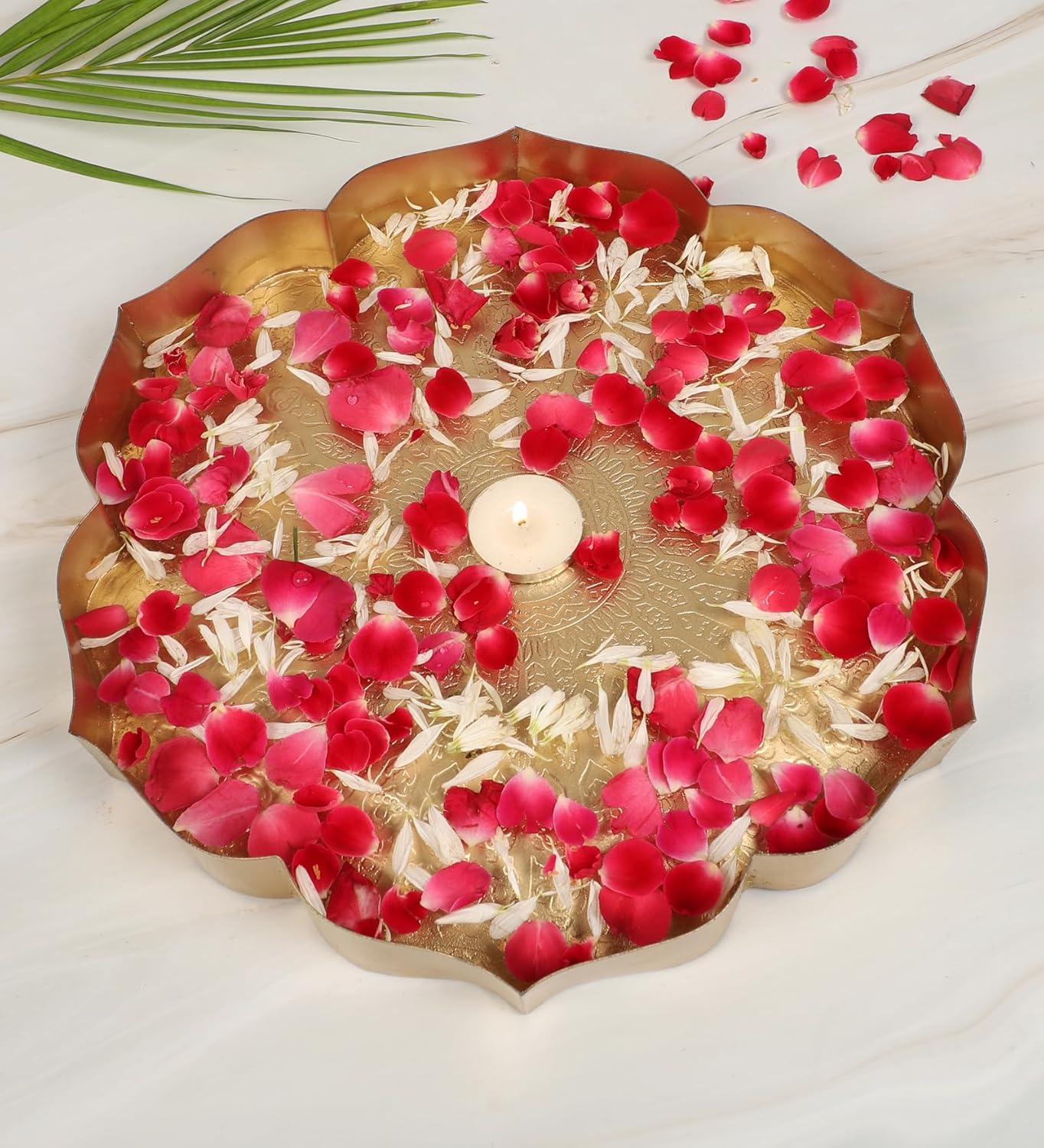 Two Moustaches 12 Inches Ethnic Carved Flower Design Urli Bowl for Home Decor, Urli Bowl for Flowers Decoration, Home Decoration, Bowl for Floating Flowers, Housewarming Gifts, Golden, Pack of 1 image number 4