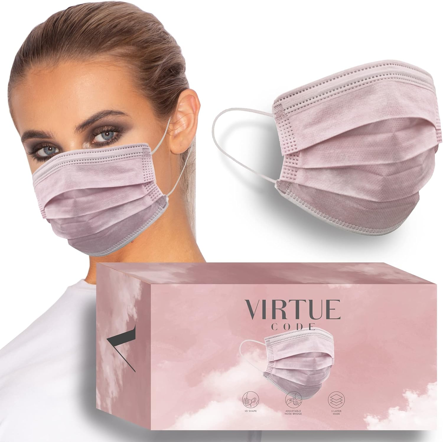 VIRTUE CODE 50 Disposable Face Masks for Men and Women. Face Mask with Elastic Ear Loops - Grey image number 7