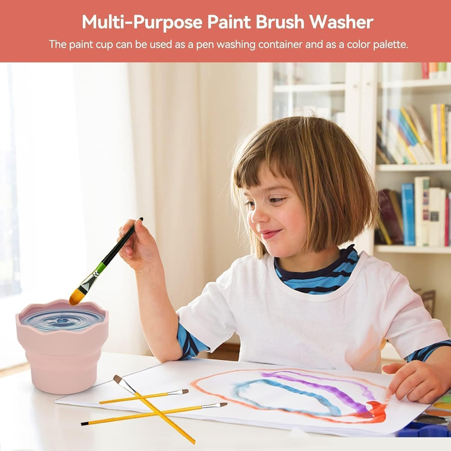 2PCS Collapsible Paint Brush Washer, Portable Silicone Washing Bucket Brush Holder Brush Cleaner Painting Water Cup Collapsable Cups for Watercolor Oil Painting(Pink) - Pink image number 5