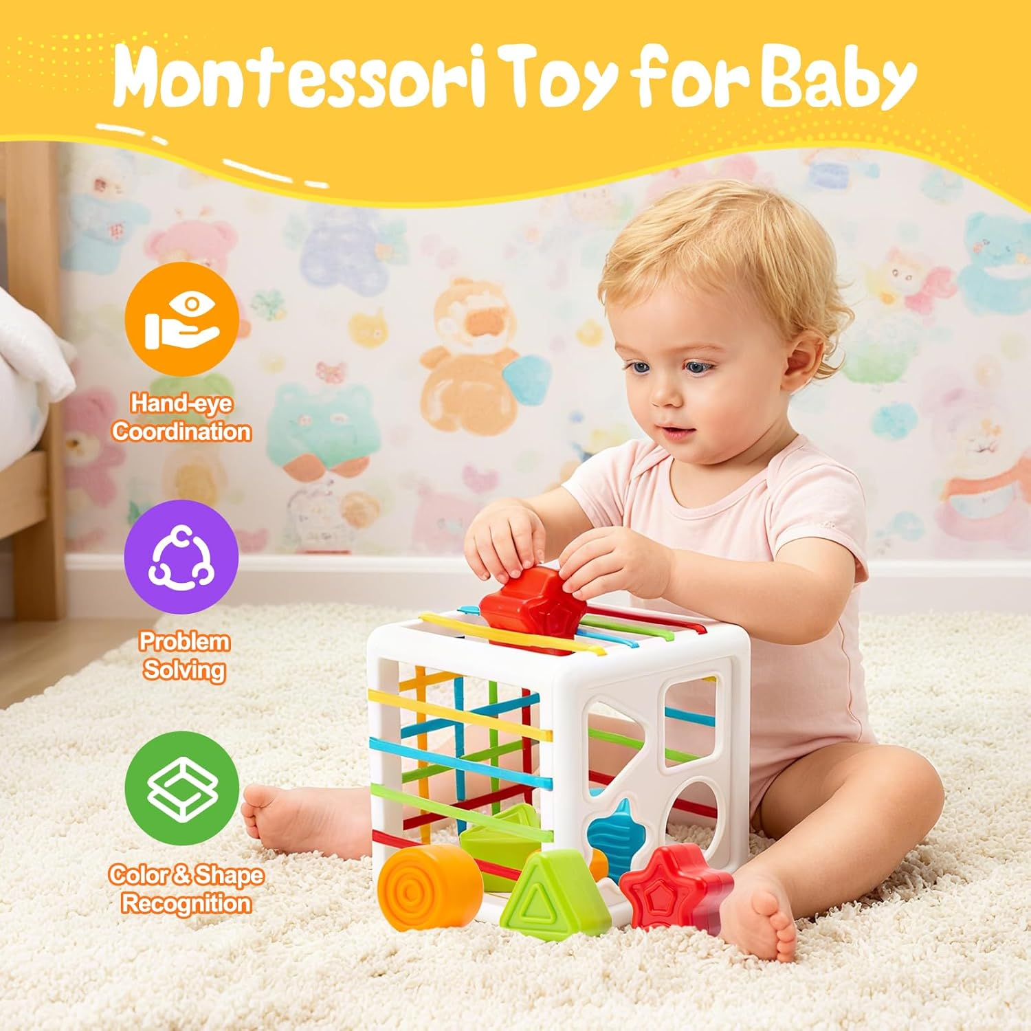 Baby Toys 6-12 Months, 5 in 1 Montessori Toys for Baby, Infant Soft Building Blocks, Stacking Rings, Pull String, Tissue Box and Shape Sorter Cube Toy, Toddlers Aged 1-3 image number 2