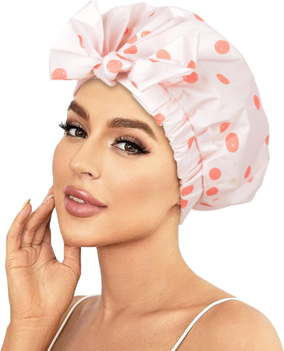 Luvruitaky Shower Cap Luxury Shower Caps for Women Reusable Waterproof Hair Cap for Shower with Adjustable Bowknot Hair Bath Cap (Pink)