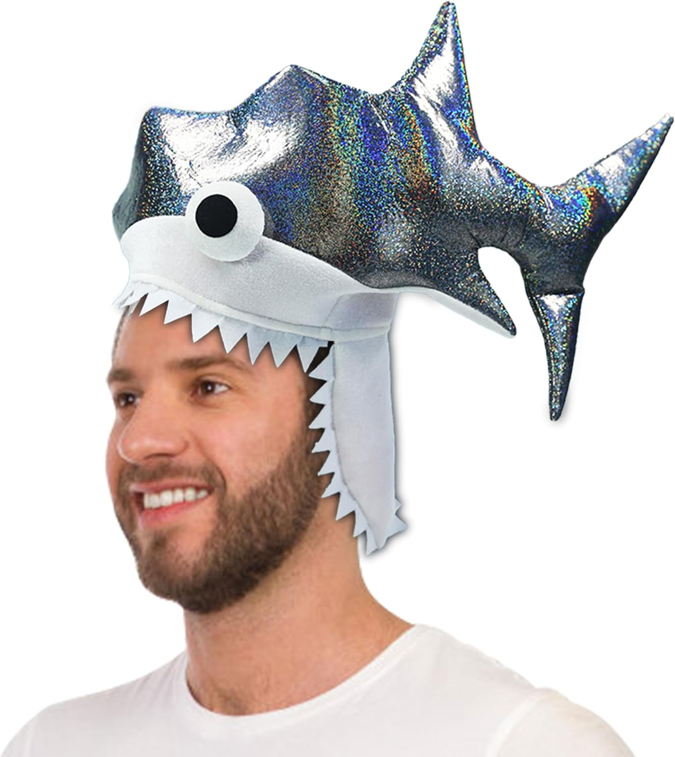Shark Hat. Twinkling Silver Shark Costumeheadwear. Handmade Party Crazy Shark Hat with 3Dembroidered Eyes.One Size Fits Most image number 3