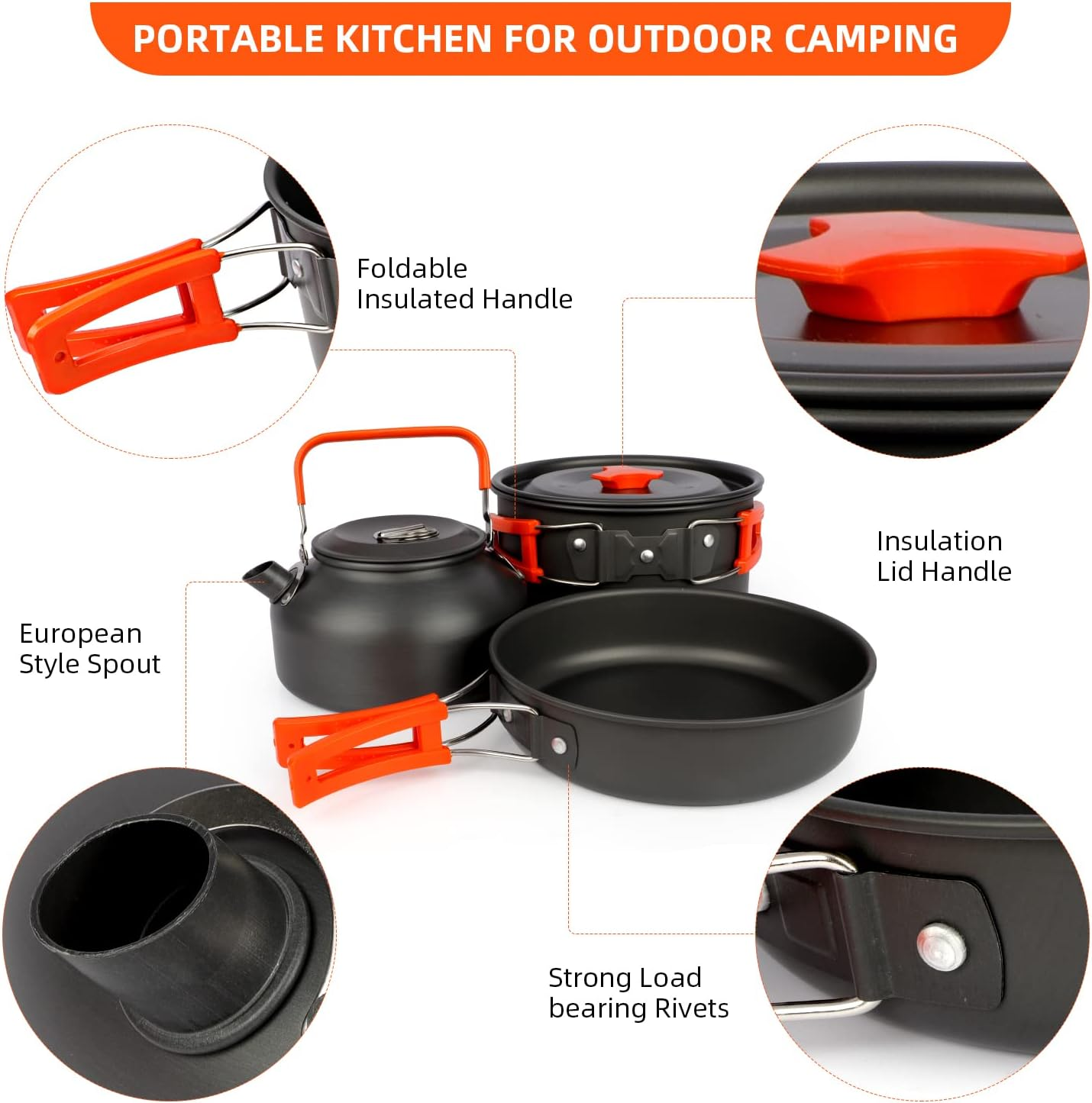 16Pcs Camping Cookware Mess Kit, Aluminum & Stainless Steel, Orange, One Size image number 1