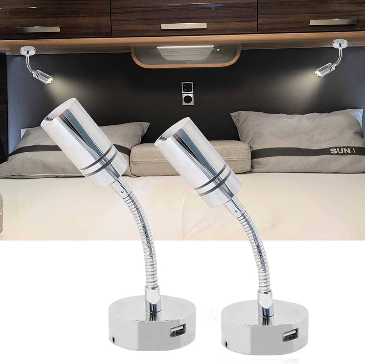 12V/24V RV Boat Reading Lamp, 3 Color Temperature Touch Dimming Bedside Reading Light with 5V/2A USB Charger Flexible Gooseneck Wall Light for RV Travel Trailer Truck Boat Interior Lighting (2PACK) image number 6