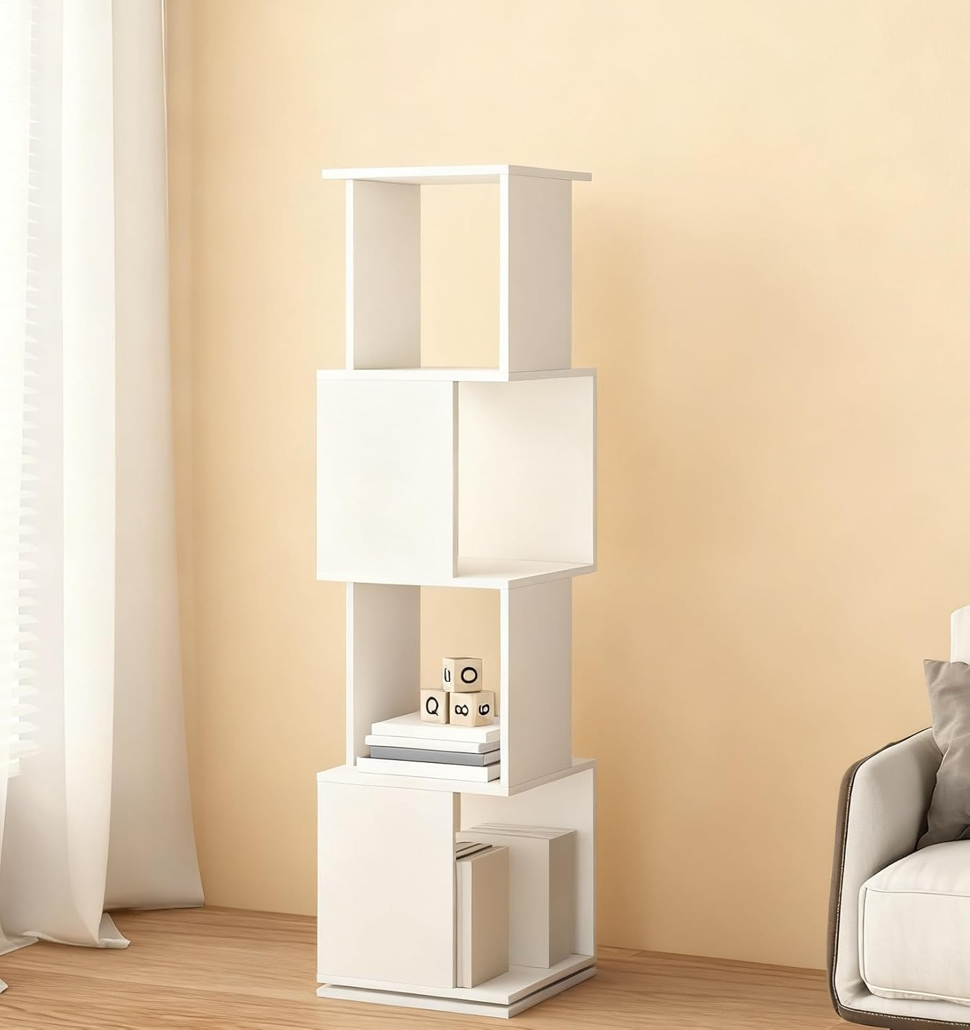 Rotating Bookshelf, 3-Tier Wooden Bookcase, Corner Standing Display Shelf Organizer, CD Storage Rack for Small Space Living Room Office Kids Furniture, White