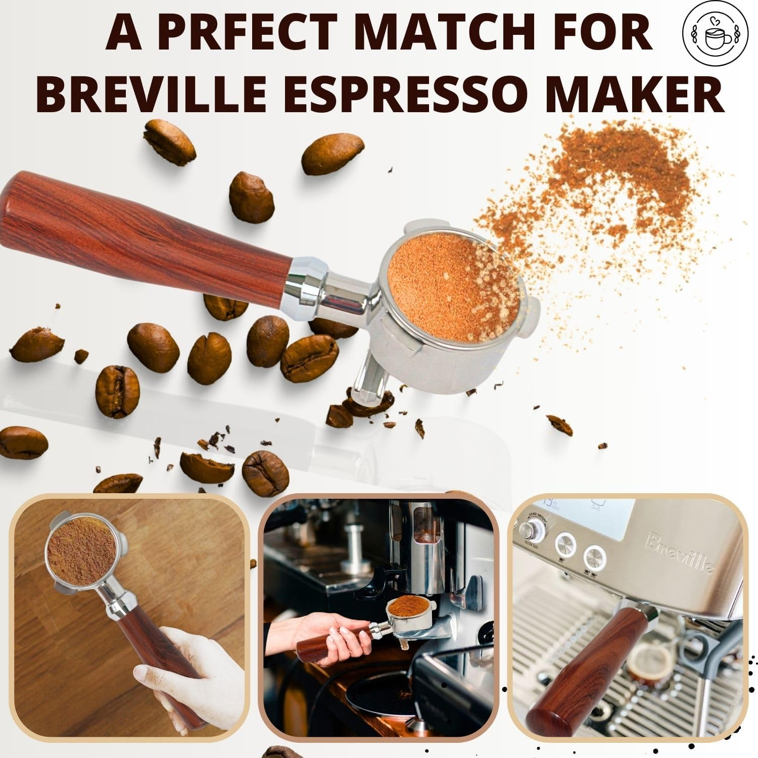 Espresso Portafilter 54Mm Double Spout Compatible with Breville Bambino plus (BES500) Infuser (BES840XL) 54Mm Breville Barista Series- Wooden Handle - Stainless Steel Filter Basked Included image number 1