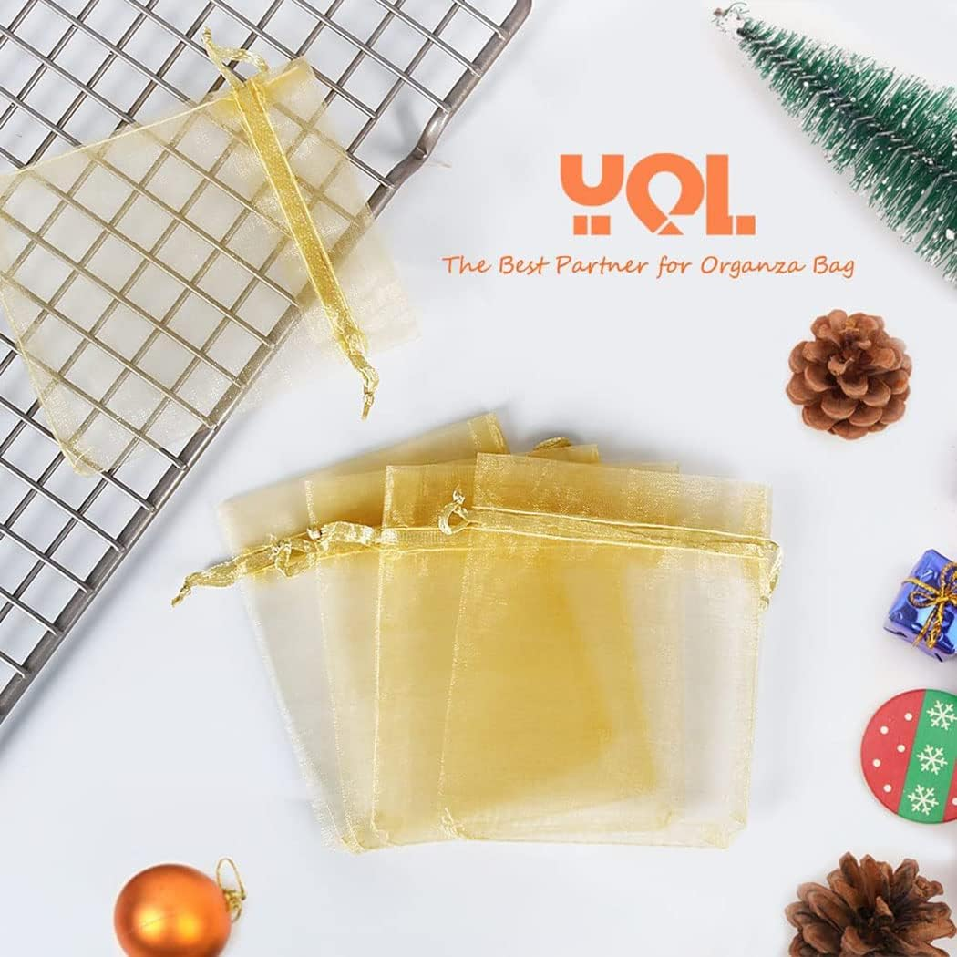 Idopick 100PCS 4X6 Inches Sheer Organza Bags, White Wedding Favor Bags with Drawstring, Small Jewelry Gift Bags for Party, Jewelry, Festival, Makeup Organza Favor Bags,Net Gift Bags,Drawstring Goody Bags (Gold) - Multicolor image number 7