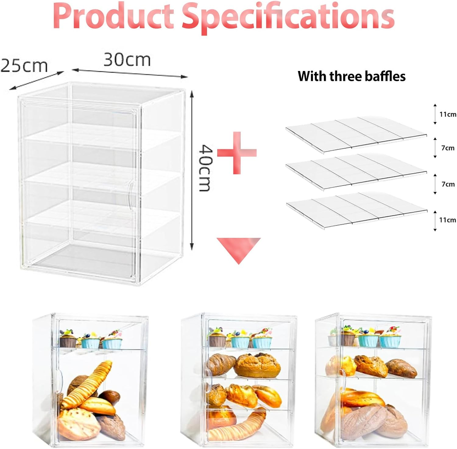 4-Tier Acrylic Pastry Display Case (40X30X25 Cm) - Adjustable Clear Bread Box with Magnetic Door, Large Capacity Bakery Storage for Kitchen Counter, Holds Breads, Muffins, Cookies, Donuts image number 6