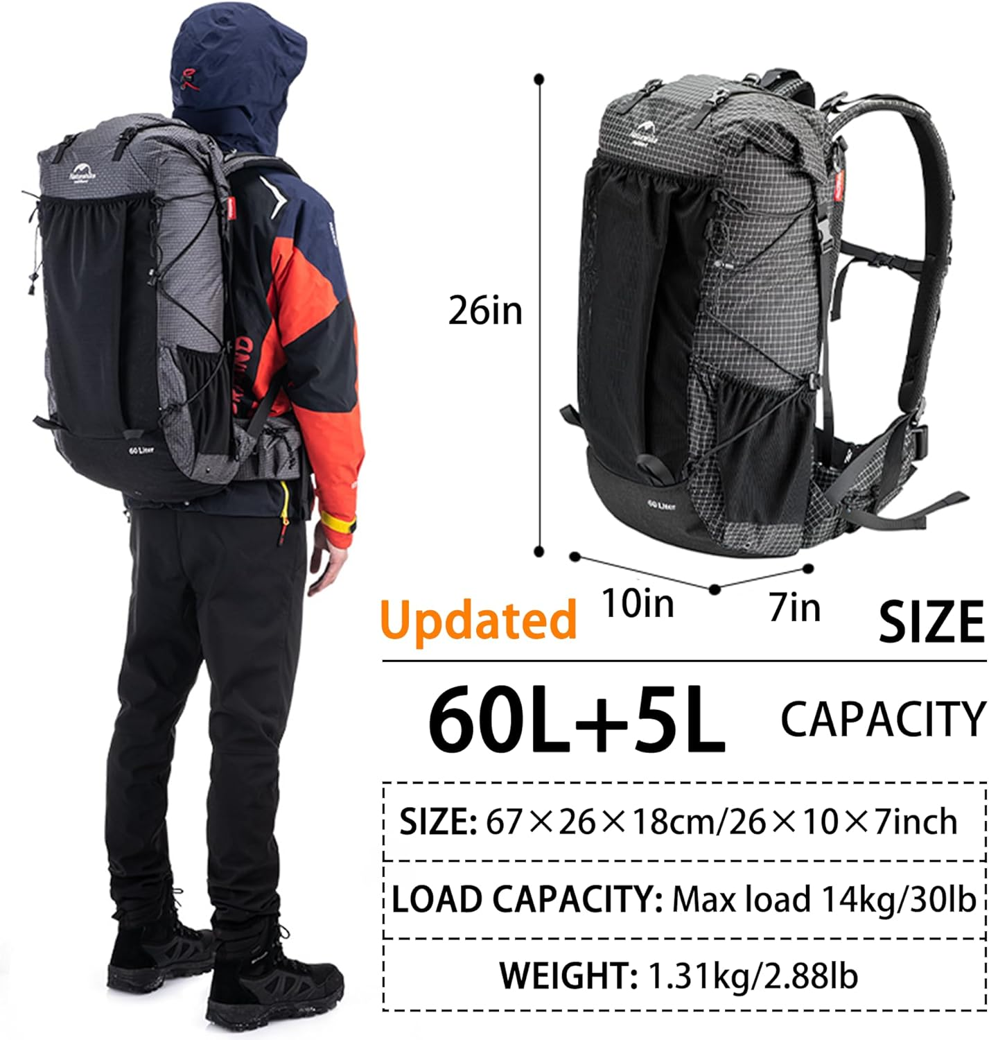 Naturehike Rock-40L/60L+5L Internal Frame Hiking Backpacking Backpack, Camping Waterproof Bag, Ultralight Outdoor Daypack with Rain Cover for Hiking, Backpacking,Camping Survival image number 6