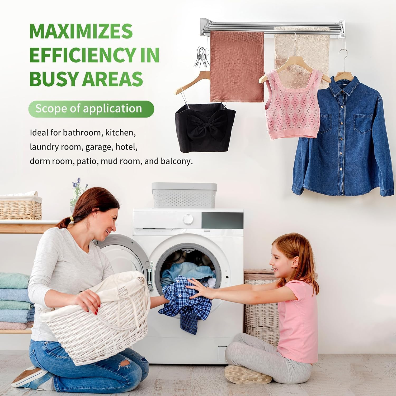 Vellaluna Clothes Drying Rack,Wall Mounted Drying Rack,Collapsible Drying Racks for Laundry,Clothes Hanger Rack Foldable,Clothing Rack,Retractable,Folding Dryer Rack,Wall Hanging Rack (White) image number 5