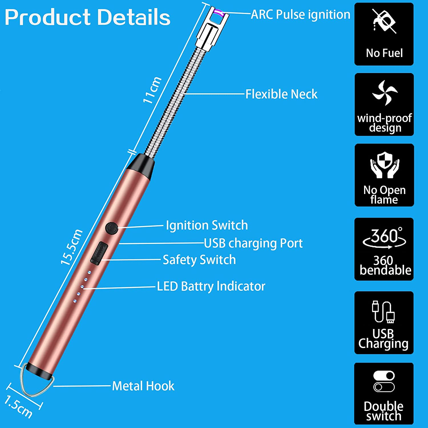 Candle Lighter Electric Arc Lighter USB Rechargeable with 360&deg; Flexible Neck, Gigflpyo Flameless Portable Windproof Plasma Lighters for Home Kitchen Cooking Outdoor BBQ Camping Stove (Rose Gold) - Blue image number 2