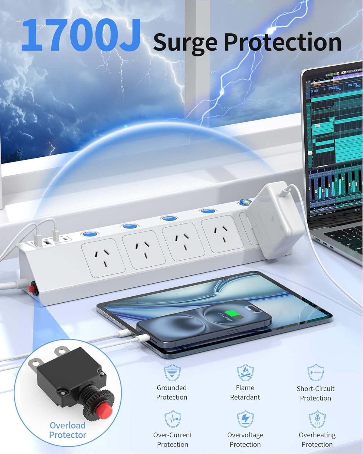 Power Board Surge Protected with Individual Switch, Powerboard with 5 AC Outlets 4 USB Ports (2 USB C), 1700J Surge Protector, SAA Certified, 1.5M Extension Cord for Home and Office, White image number 6