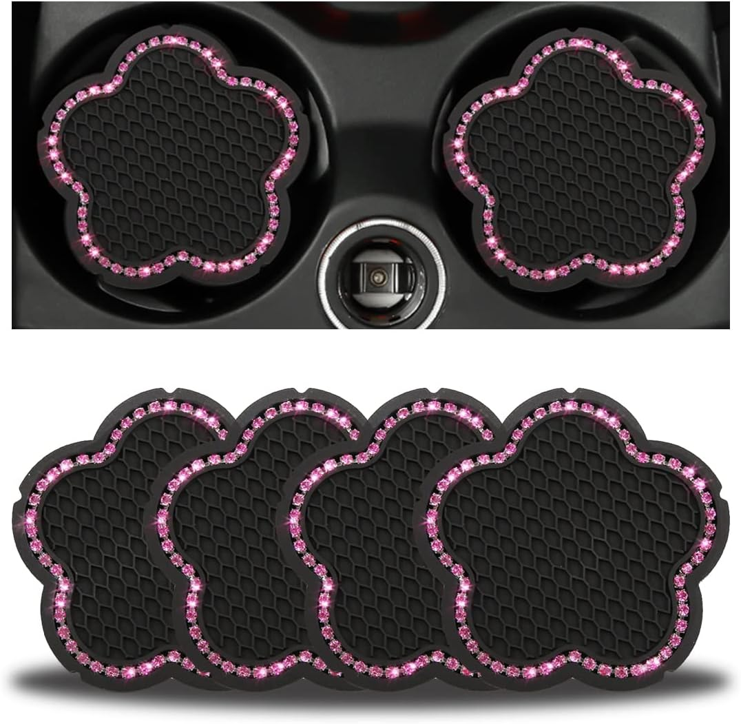 BELOMI 4PCS Bling Car Cup Holder Coaster, 2.75 Inch Crystal Anti-Slip Vehicle Cup Holder Insert Coaster, Rhinestone Cute Plum Blossom Pattern Auto Drink Mat, Universal for Women Girls(Pink) image number 5