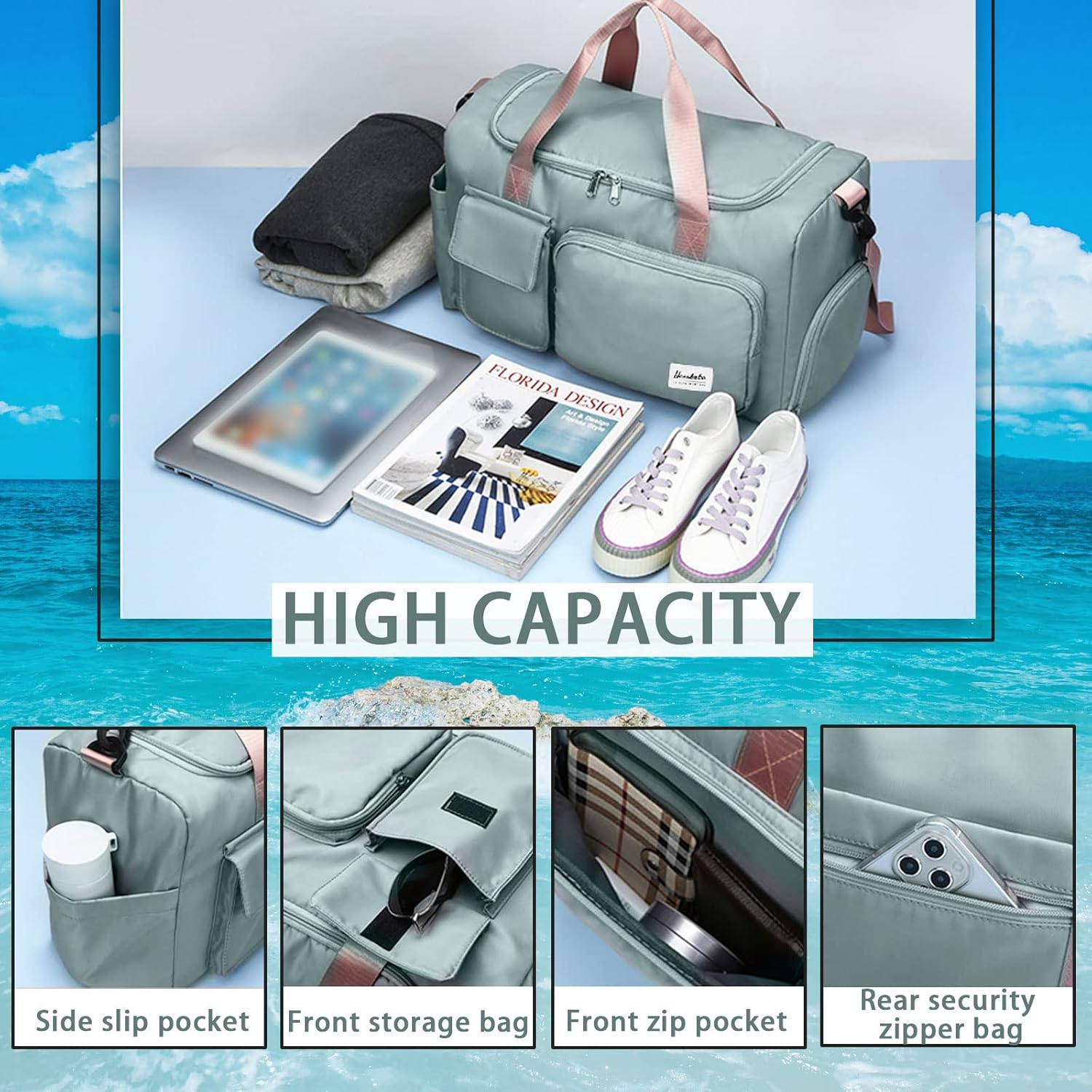 Gym Duffle Bag with Shoe Compartment Wet Pocket, Weekender Travel Bag with Shoulder Straps, Waterproof Sports Duffle Bag for Men Women, Lightweight Carry on Gym Bag (Green)