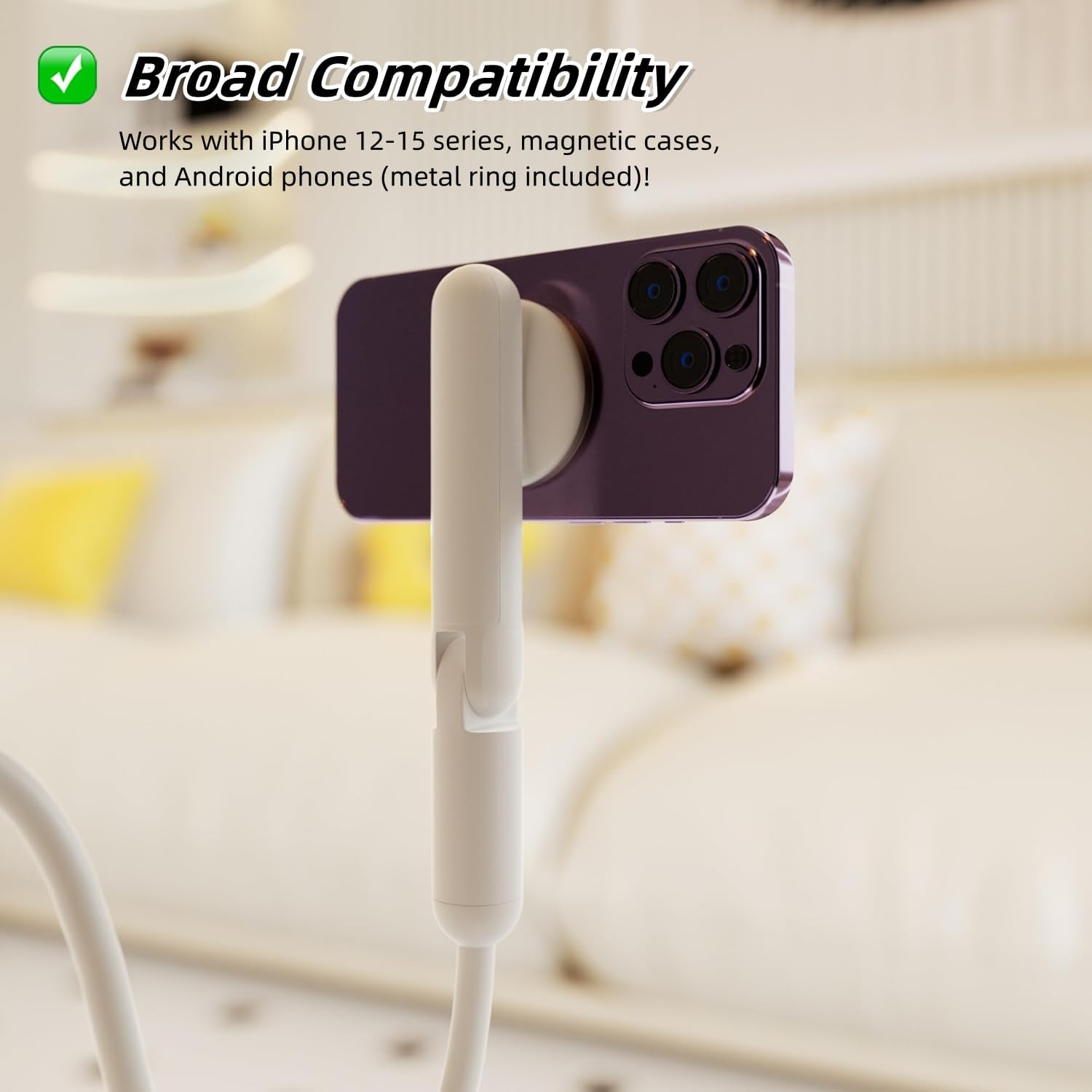 NQQNQQ M-TM 【90CM】 Magnetic Gooseneck Phone Holder for Bed & Desk, 360&deg; Rotation, Sturdy Arm Compatible with Iphone 15/14/13/12 Pro Max, Overhead Mount for Live Streams & Zoom (White)