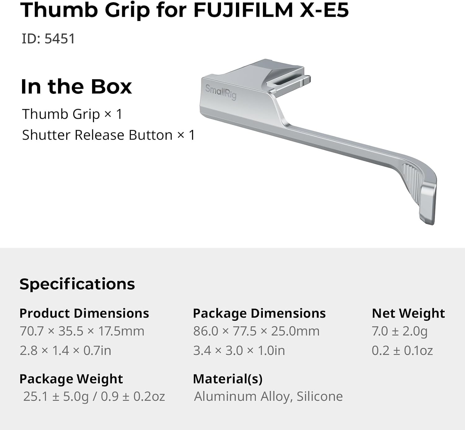 SMALLRIG Thumb Grip with Hot Shoe Cover for FUJIFILM X-E5 (Silver) - 5451 image number 2