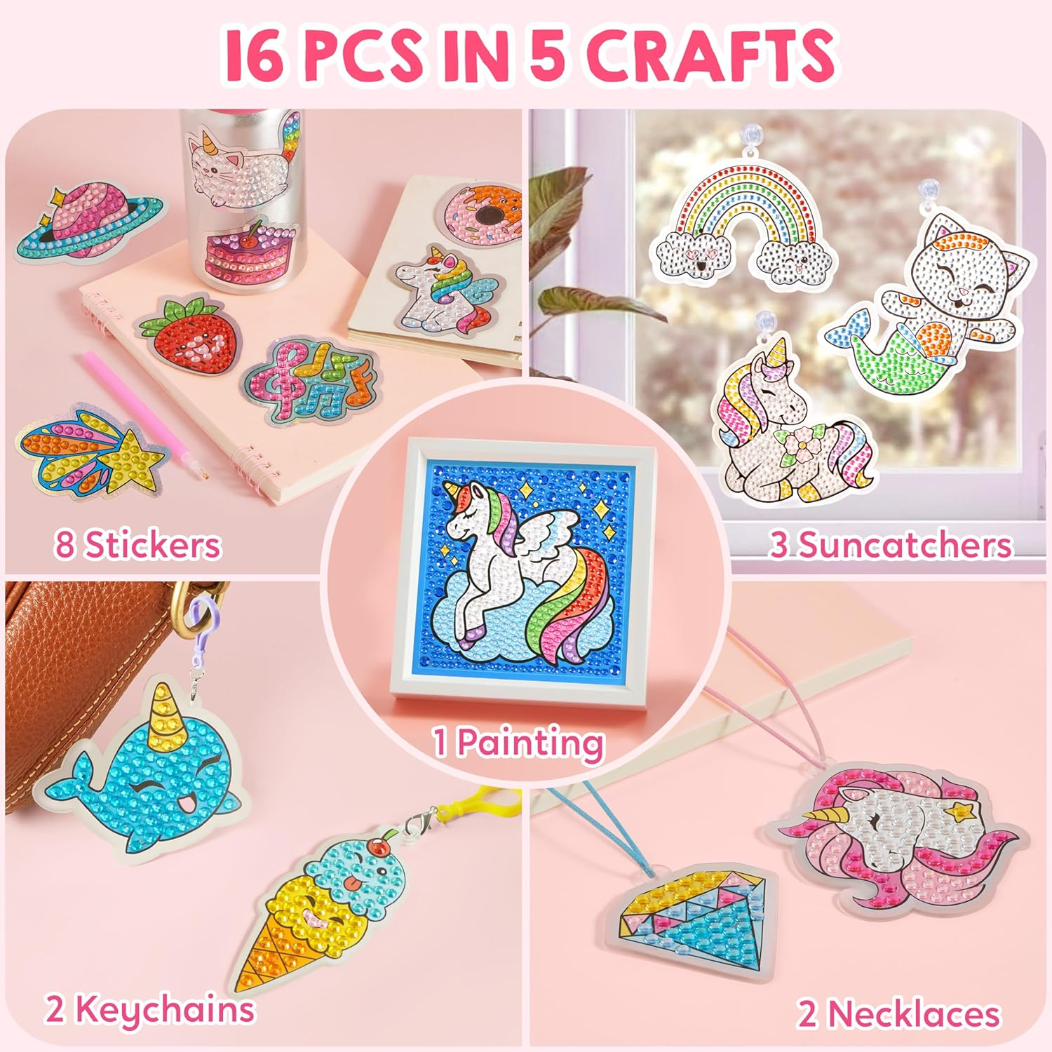 16 Projects Gem Painting, Kids Diamond Gem Painting Kit with 5D Gem, Arts and Crafts for Girls Ages 6-12, Gem Craft Activities Kits, Premium Art Gift Ideas for Girls Ages 6, 7, 8+ image number 5