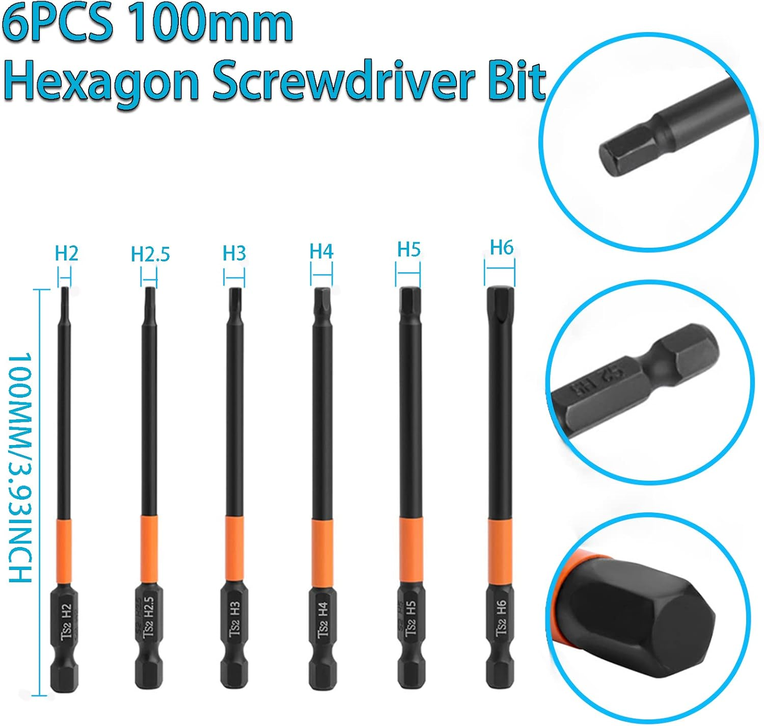 YUENTOEN 6Pcs Allen Wrench Screwdriver Bits - S2 Steel Hex Bits Set Magnetic Screwdriver Bit Set with 1/4 Inch Hex Shank H2.5-H6, 3.93 Inch Length image number 5