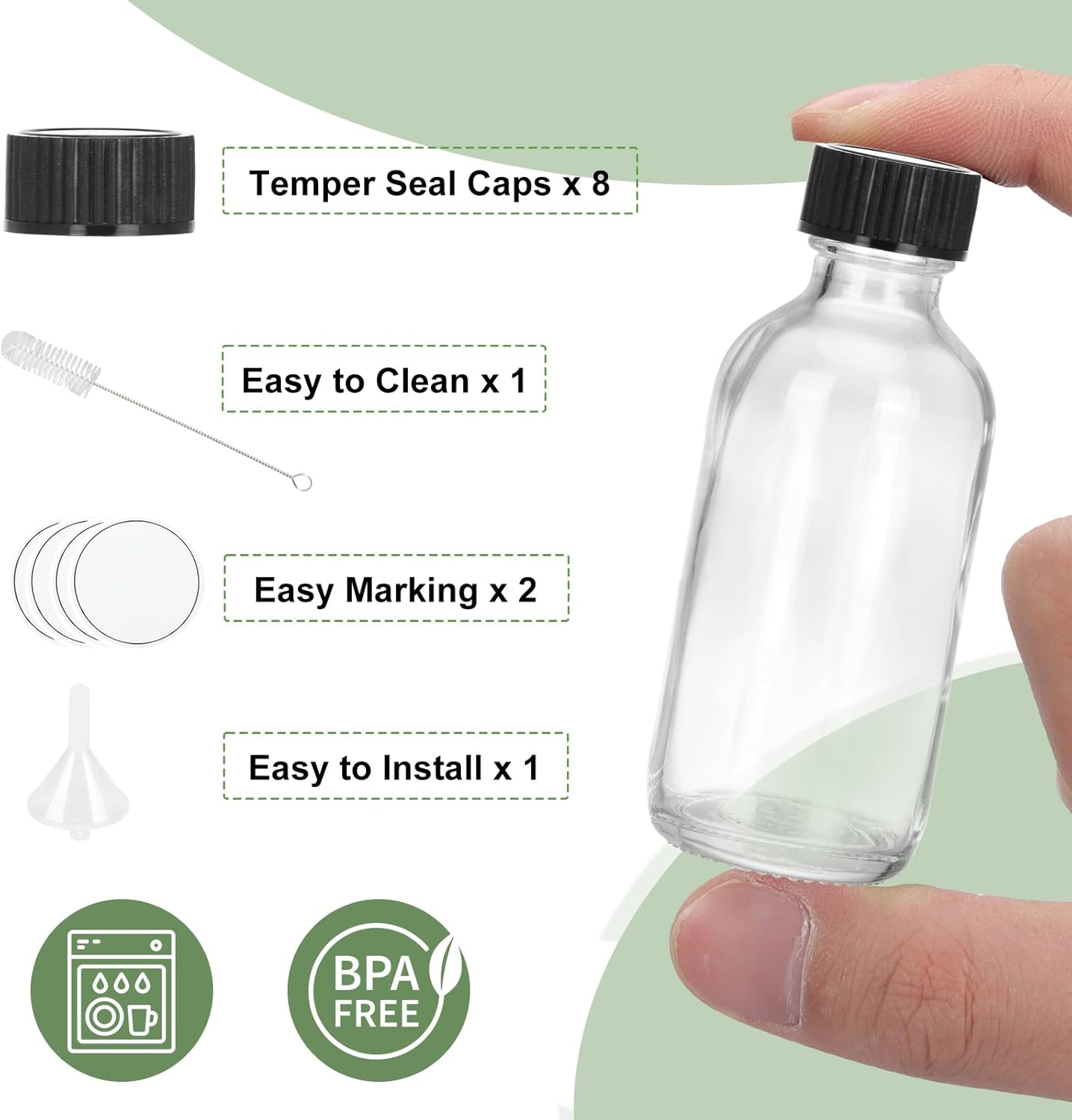 CUCUMI 8Pcs Glass Bottles with Caps, 2Oz Small Glass Juice Bottles, Shot Bottles with Caps, Small Glass Jars with Lids, Funnels, Waterproof Stickers and Brush image number 1