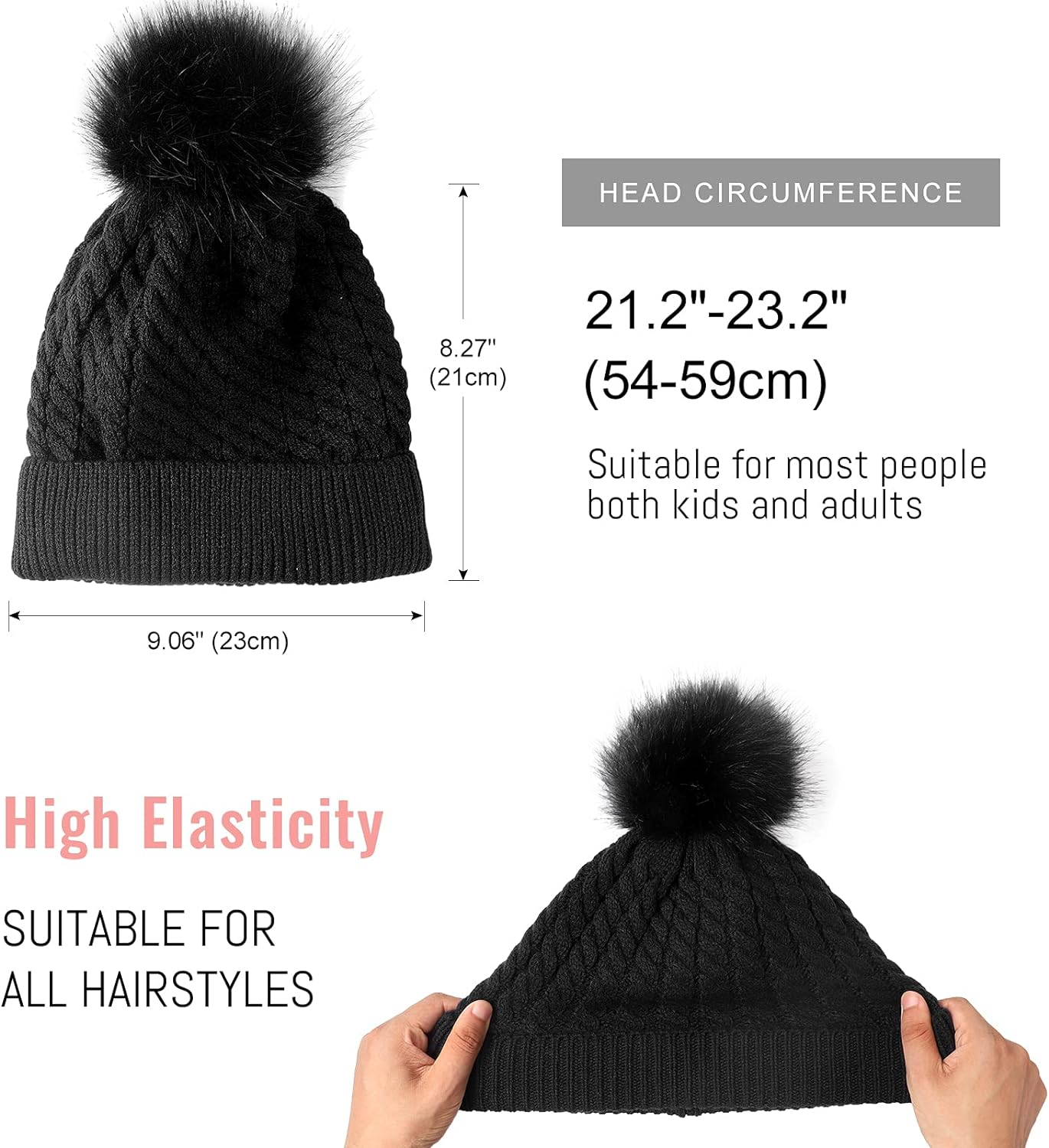 Womens Winter Satin Lined Beanie Hat Cuffed Cable Knit Detachable Faux Fur Pompom Silky Lined Warm Cap - Black image number 6