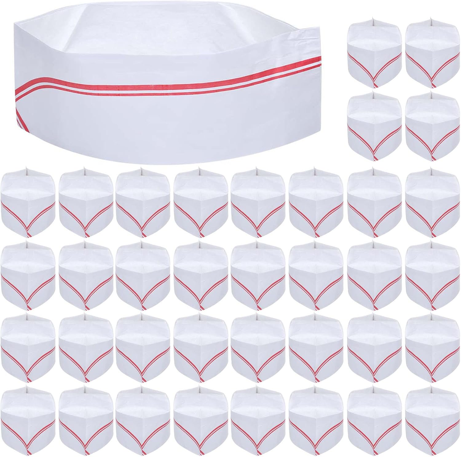 40 PCS Disposable Soda Jerk Paper Cap Chef Hat Retro Diner Food for Theme Restaurant Party with Red or Brown Strip (Red) image number 3