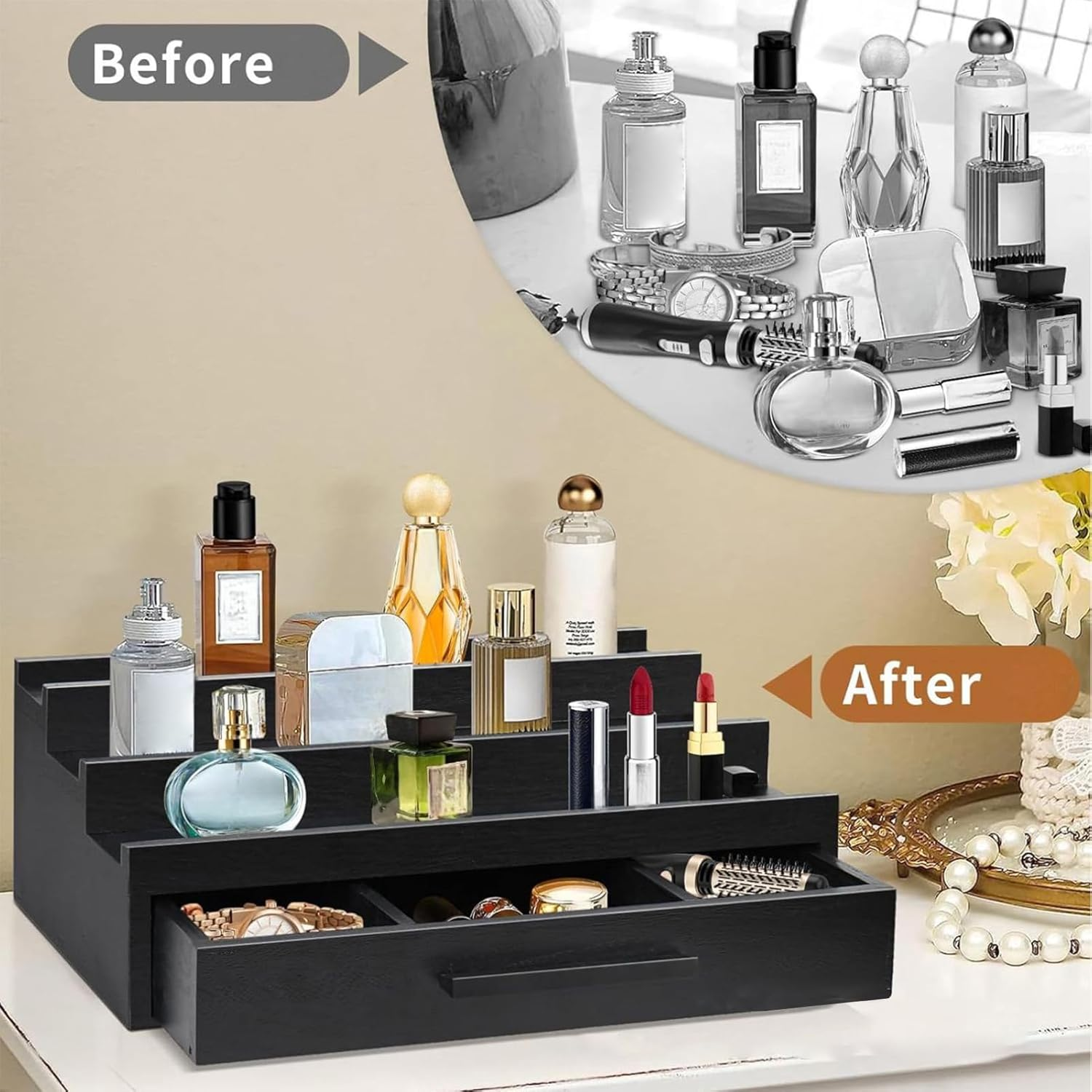 Perfume Rack Organizer | Fragrance Rack Three-Layer Perfume Holder | Perfume Rack, Wooden Perfume Stand, Black Perfume Organizer with -Drawers for Watches, Room image number 3