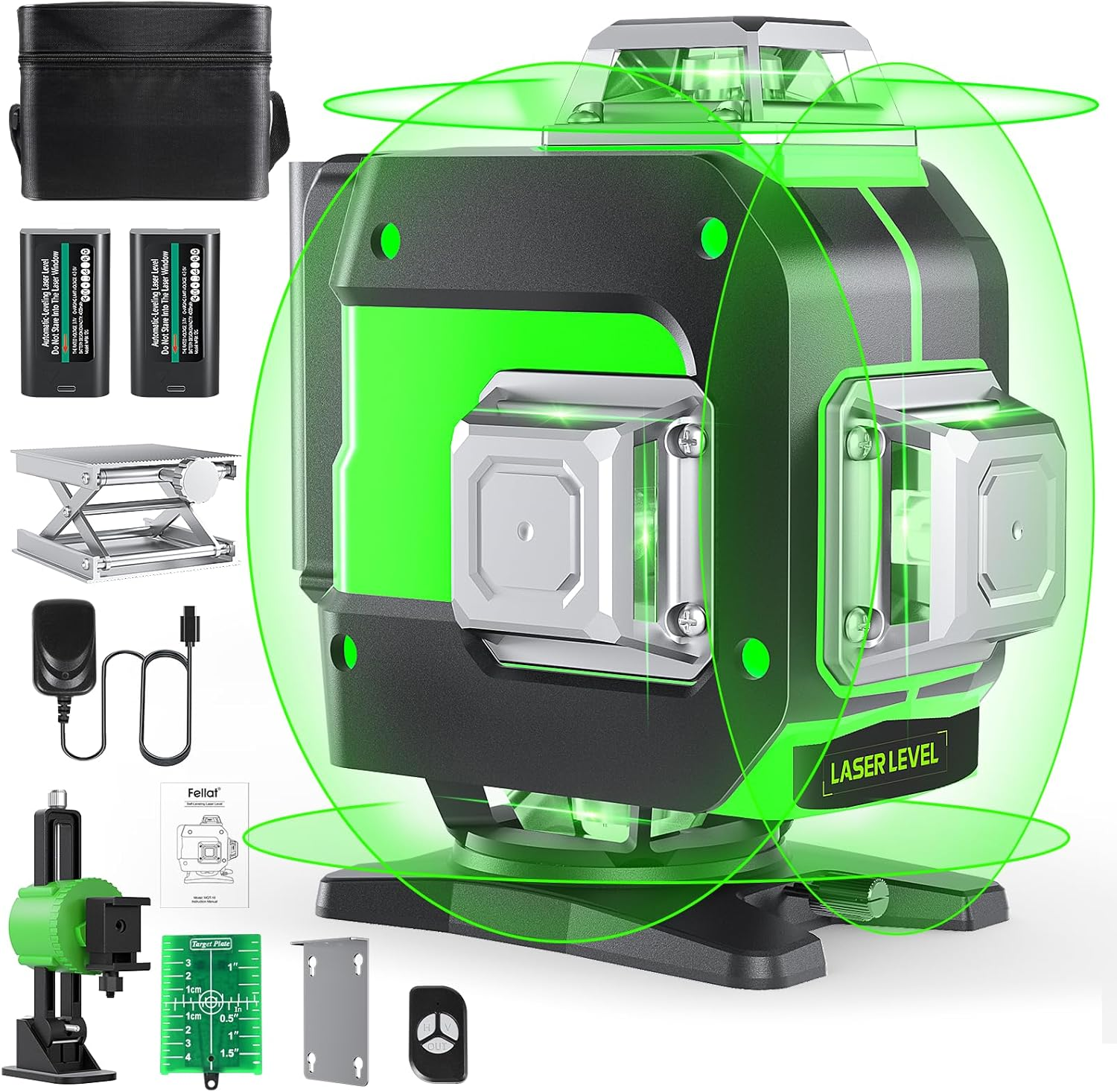 Cross Line Laser 4 X 360&deg; Cross Line Laser Green Self-Levelling Laser Spirit Level 16 Line Laser Rotation Laser with 2 X 4000 Mah Rechargeable Batteries and Remote Control