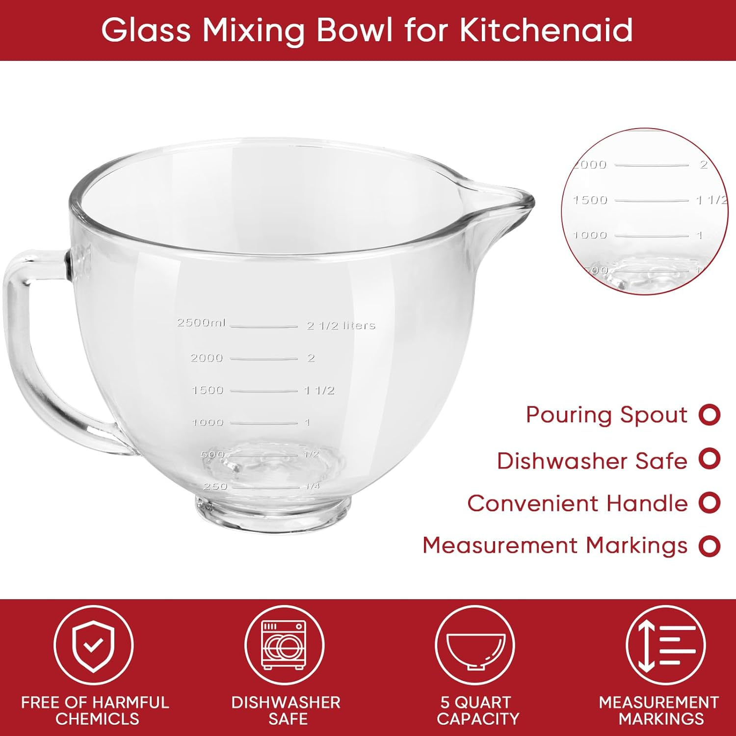 Kltchonald Tilt-Head Stand Mixer Glass Bowl, 5 Qt,Compatible with Kitchenaid Artisan 5KSM125, 5KSM150, 5KSM175, 5KSM7580, KSM150, RRK150,K45, K45SS, KSM75, KSM90, Ksm95,Classic without Lid - Blue image number 4