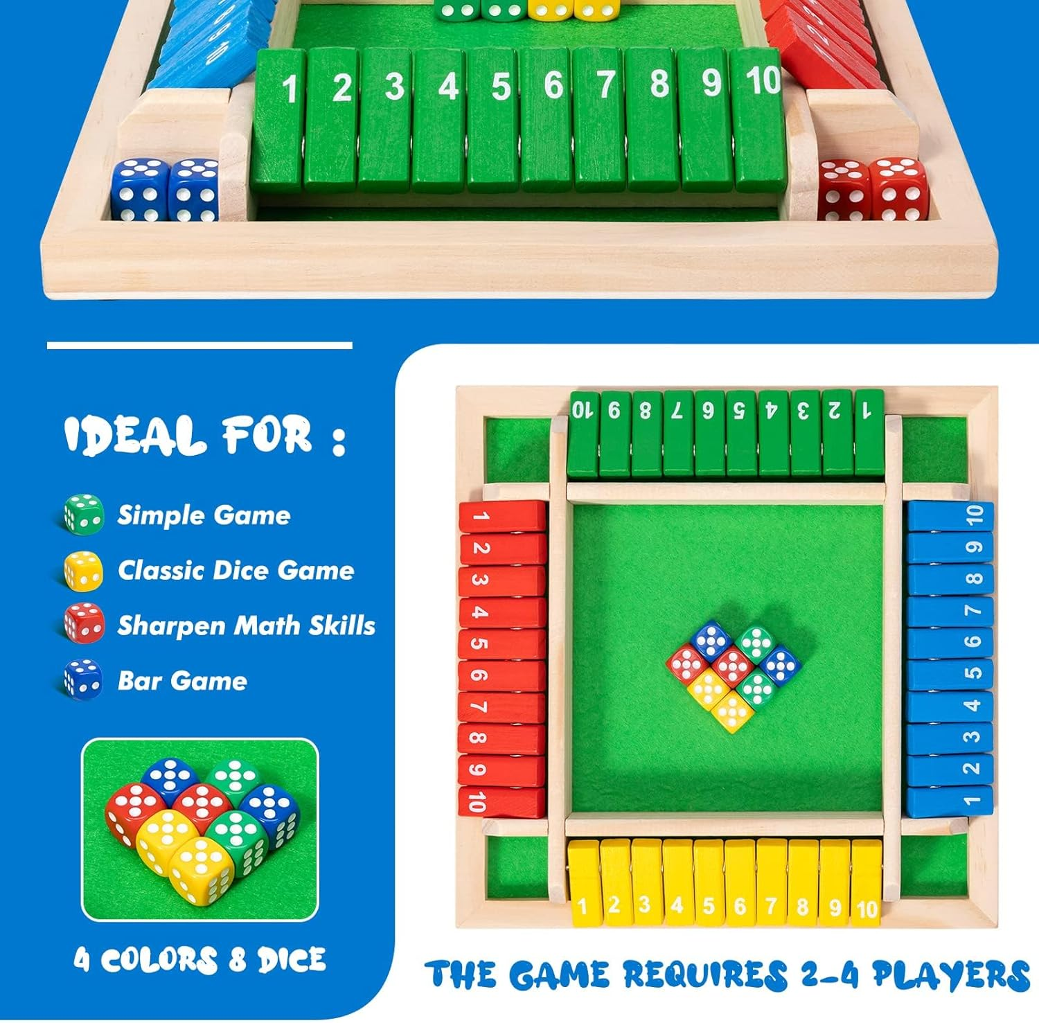 DWYYWSM Shut the Box Board Game - Funny Dices Game - Wooden Amusing Addition Game, Close the Box Board Games Portable Dice Board Game Adds Fun Suitable for Home Pub