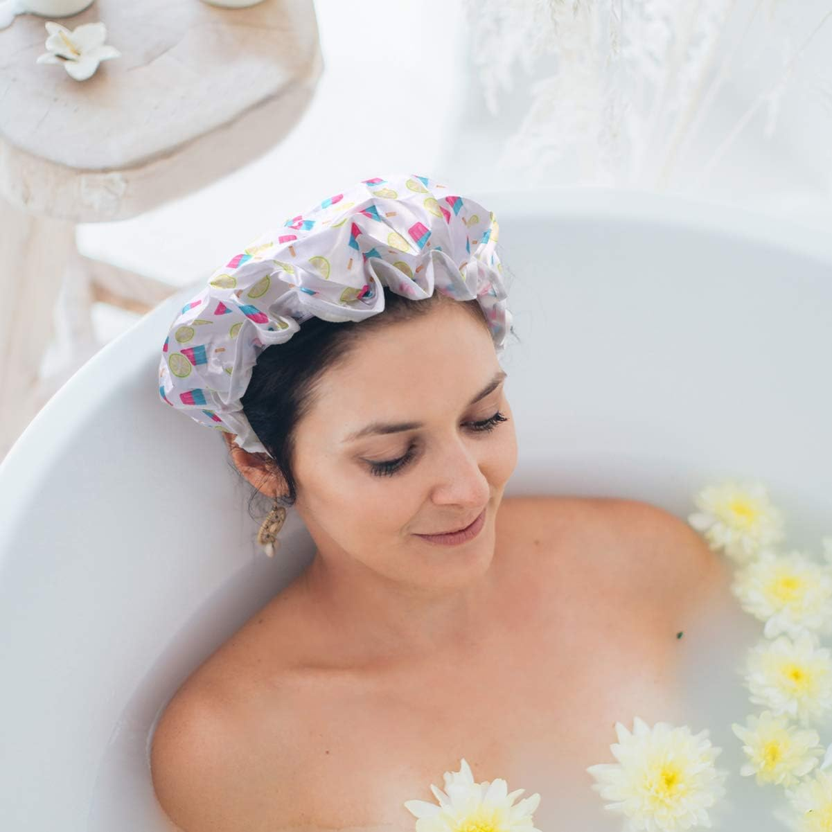 2Pcs Protective Cap Bathroom Accessories Hair Hair Cap Bathing Hat Shower Cap Double Layer Shower Cap Miss Waterproof Cap Waterproof Caps Printing Baking Oil image number 2