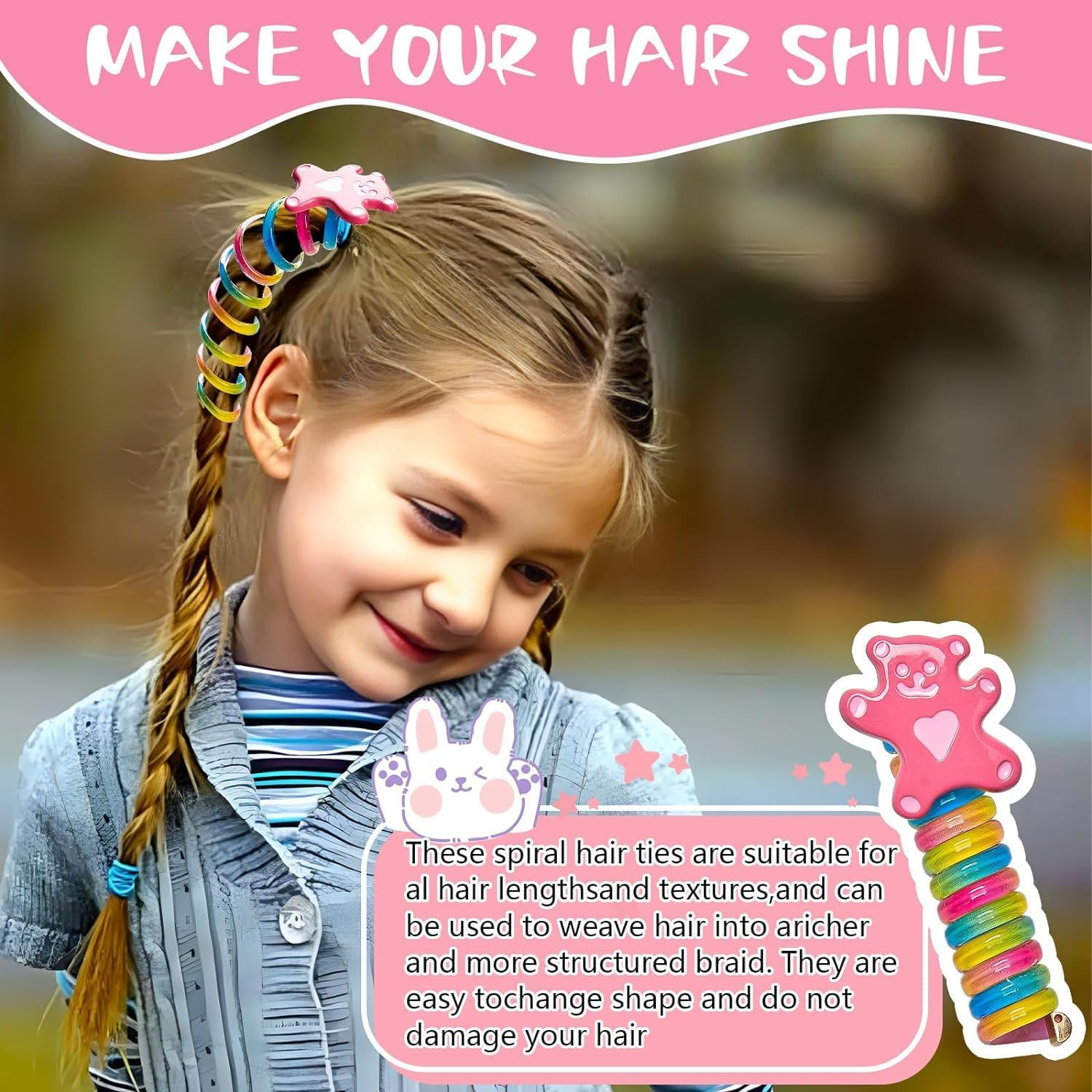 10 PCS Colorful Telephone Wire Hair Bands for Kids, Spiral Hair Ties, Bowknot Braided Telephone Wire Hair Bands, Ponytail Holder Accessories for Women Girls (Multicolor) image number 4