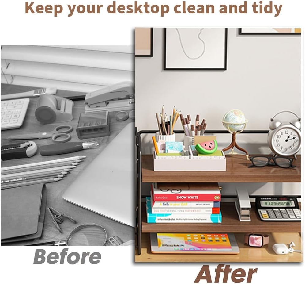 TOMVAES Desktop Shelf Office Desk Shelf Organizer, Wood Desktop Bookshelf Supplies Storage Rack Shelf for Top of Desk and Dresser 2 Tier Independent Stackable Desk Organizer for Office, Dorm, Home image number 2