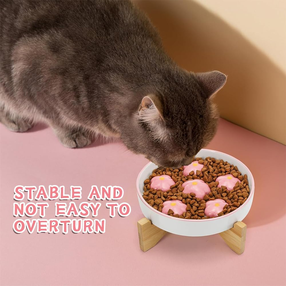 Ceramic Slow-Feed Cat Bowl with Bamboo Stand, Non-Slip Base, Comfortable Feeding, Easy to Clean, Clean and Hygienic, Can Hold Dry Food and Water (Hand-Painted Pink Flowers) image number 2
