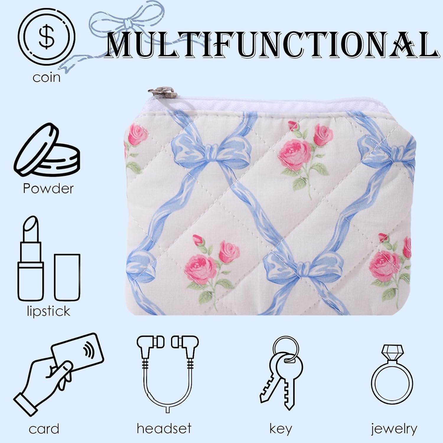 LYDZTION 2PCS Cute Quilted Makeup Bag for Women, Floral Makeup Bag Cosmetic Bag Pouch Coquette Bow Small Makeup Bags Aesthetic Stuff Travel Essentials for Women, Blue