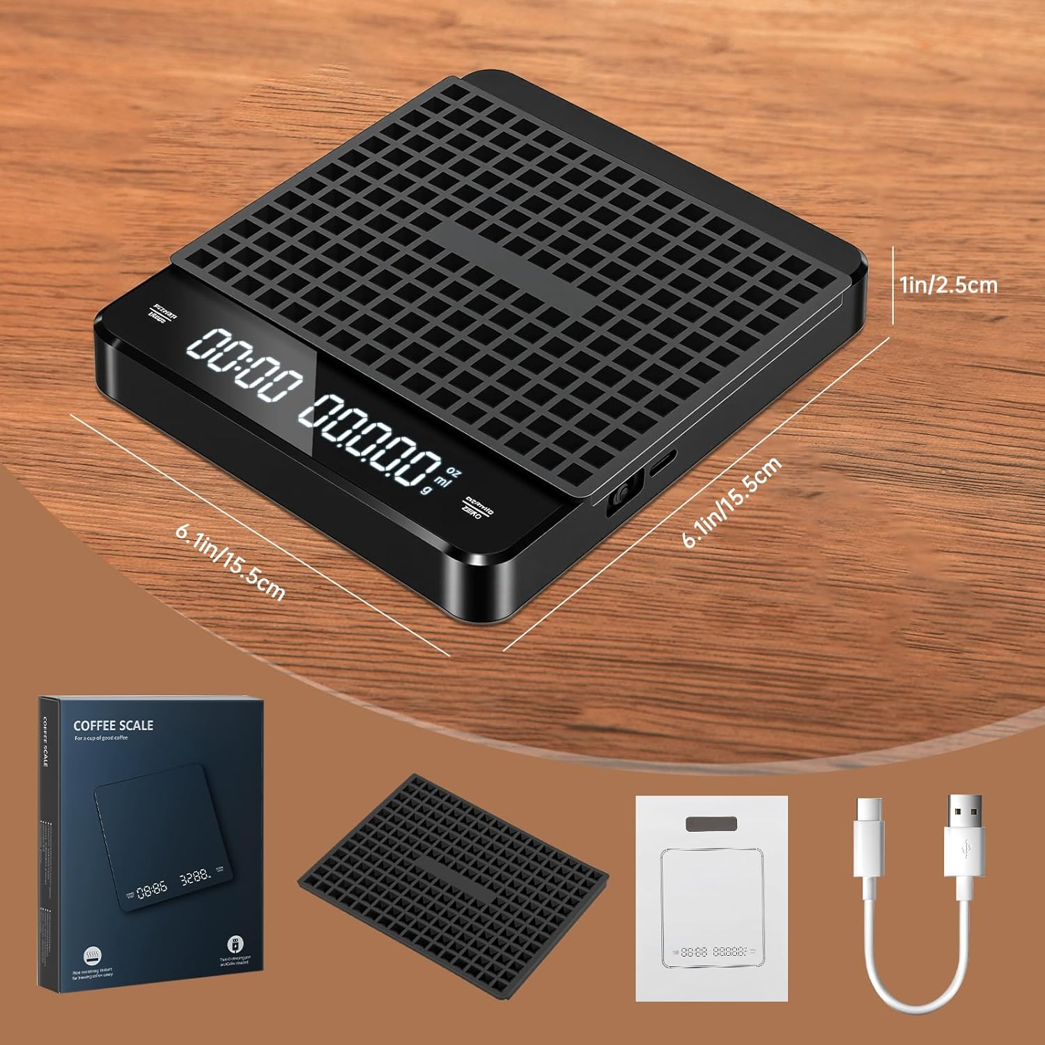 Joywoof Coffee Scale with Timer, 3Kg/0.1G Drip Espresso Scale with Auto Tare High Precision Kitchen Scale, Rechargeable Kitchen Food Scale with Digital LED Display Black image number 1