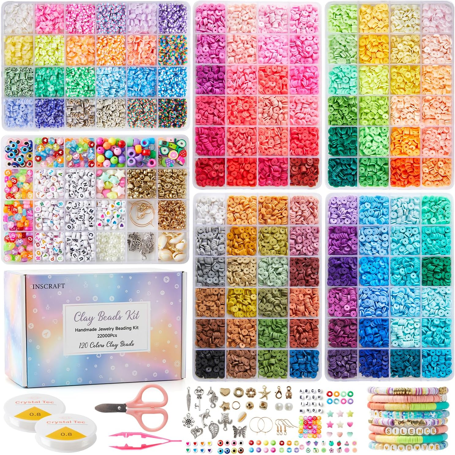 INSCRAFT 11000 Pcs Clay Beads for Bracelet Making Kit, 48 Colors Flat round Polymer Clay Beads, Friendship Bracelet Kit Heishi Beads for DIY Jewelry Making, Crafts for Girls Teen Ages 6-12