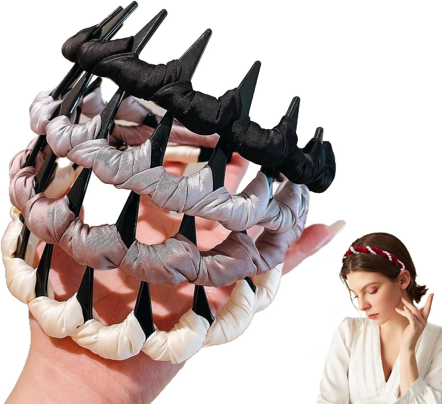 Regulatem/Watchatest Retro High Skull Pearl Headband Set, Vintage Cranium Artificial Pearl Hairband, Reversible Zig Zag Headband, Rhinestones Hair Accessories for Parties and Daily(4Pcs-D) image number 5