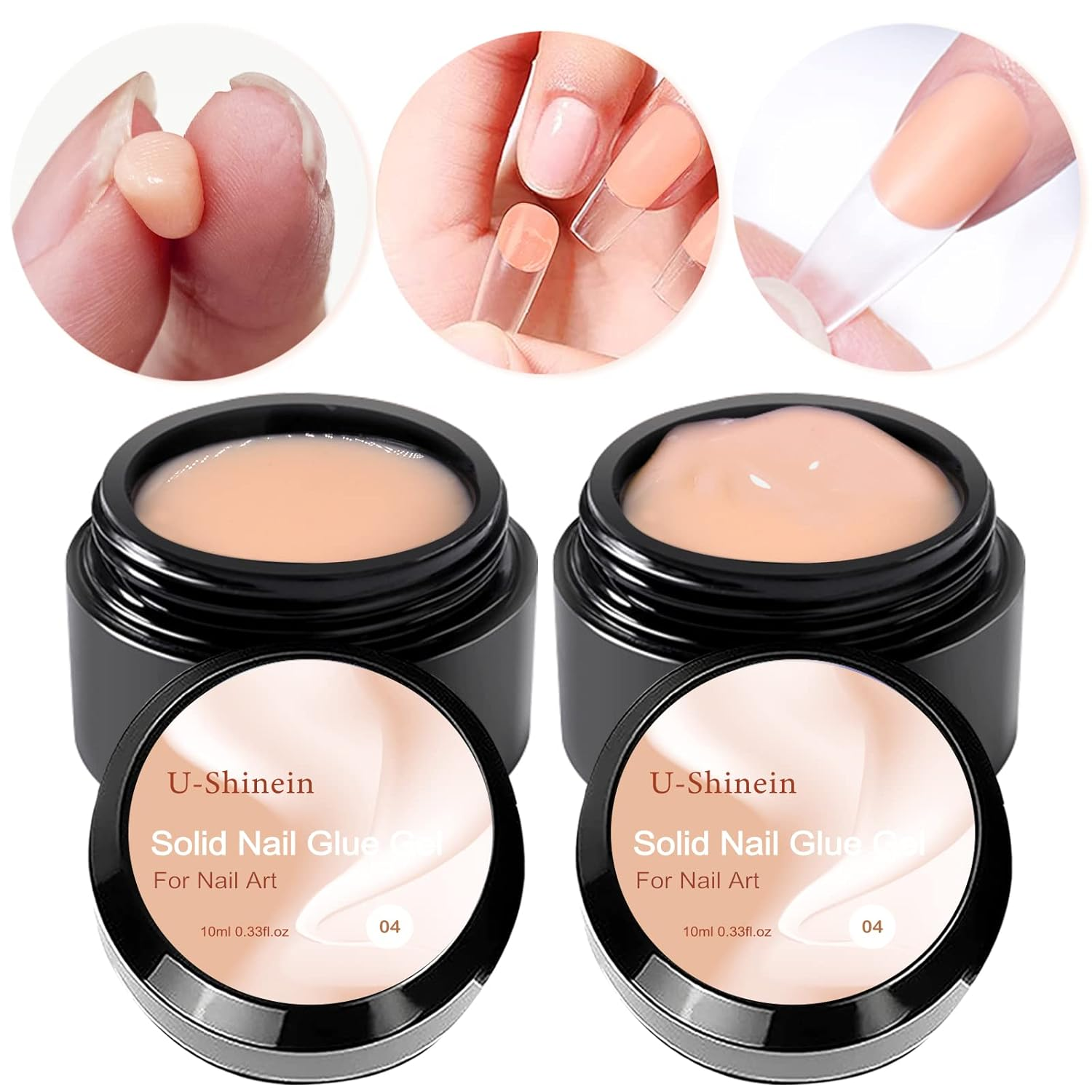 U-Shinein Solid Nail Glue Gel, Clear Nude Nail Glue Gel for Acrylic Nails Tips, Press on Solid Glue Gel, Nail Art Manicure Glue Gel, Need UV/LED Lamp Longer Cure 2X10Ml