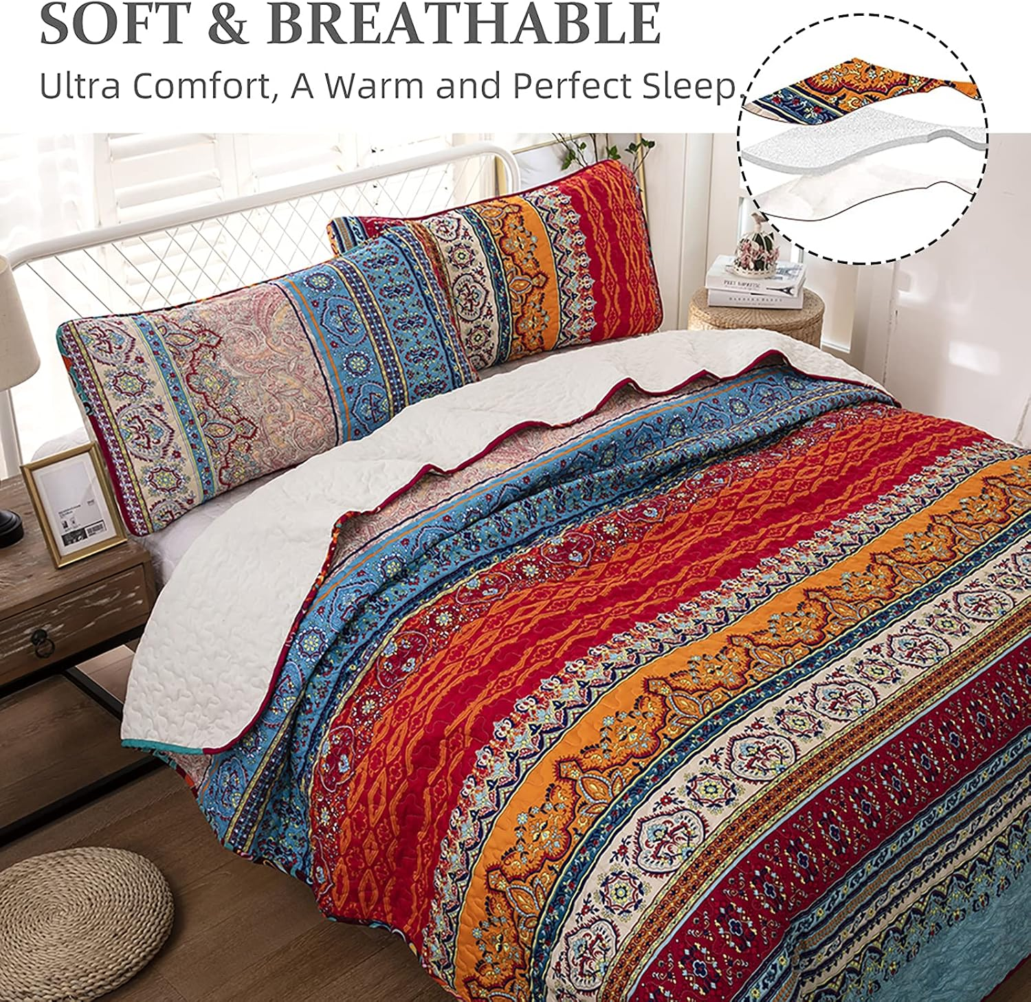Bohemian Quilt Set King, Boho Striped Printed Bedding Bedspread Coverlet Set for Summer, Lightweight Microfiber Quilt with 2 Pillowcases King Size 90"X103" (3 Pieces, Colorful) image number 7