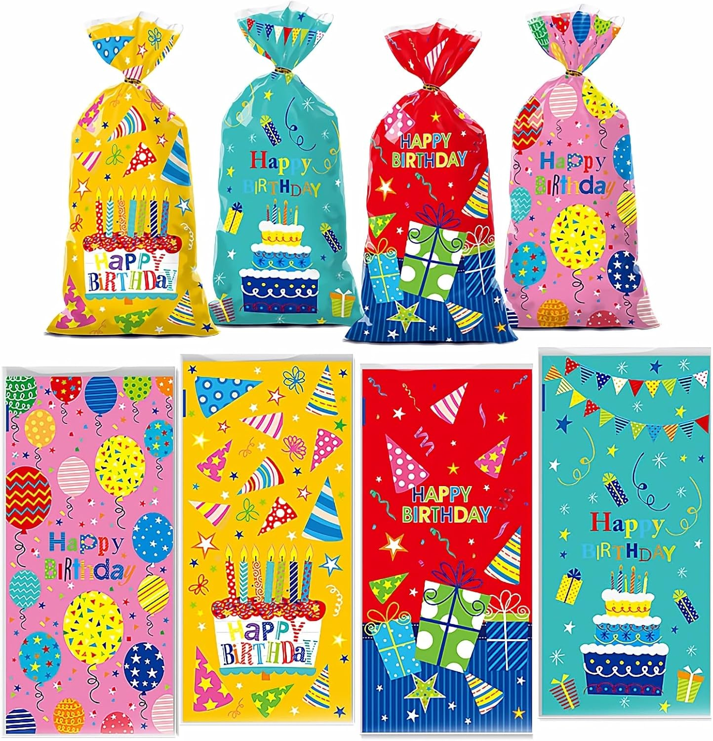 100 Pcs Birthday Treat Bags,4 Cartoon Designs Happy Birthday Cellophane Bags Candy Goodies Snacks Cookies Bags with Twist Ties for Birth Day, Baby Showers, Holiday Party Favor Gift Decor (Colorful)