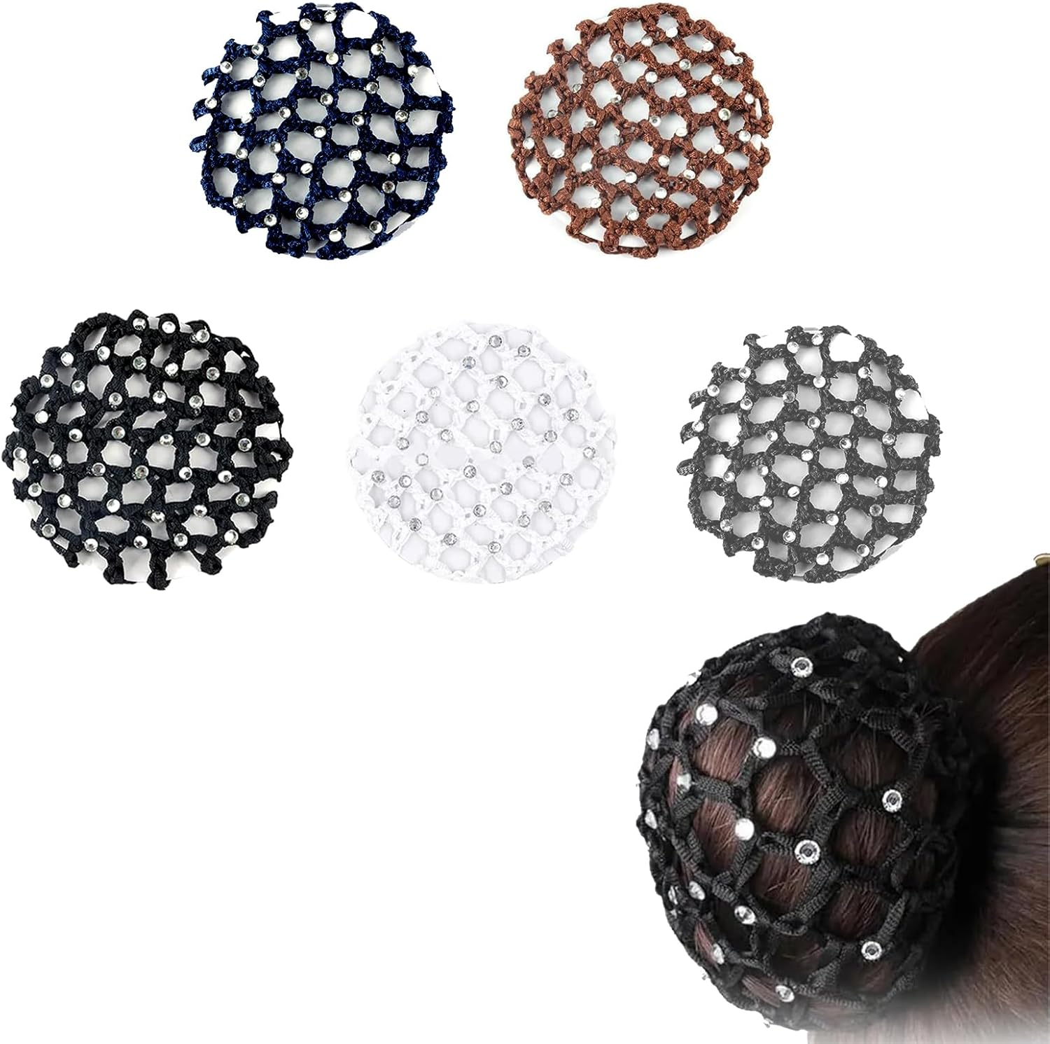 JYNXOR Pack of 5 Net for Hair, Hair Nets Hairstyles, Hair Net, Bun Net, Ballet Bun Net, Crystal Hair Net, Ballet Hair Net, Bun Ballet Girls, Bun Glitter, Bun Nets with Rhinestones image number 5