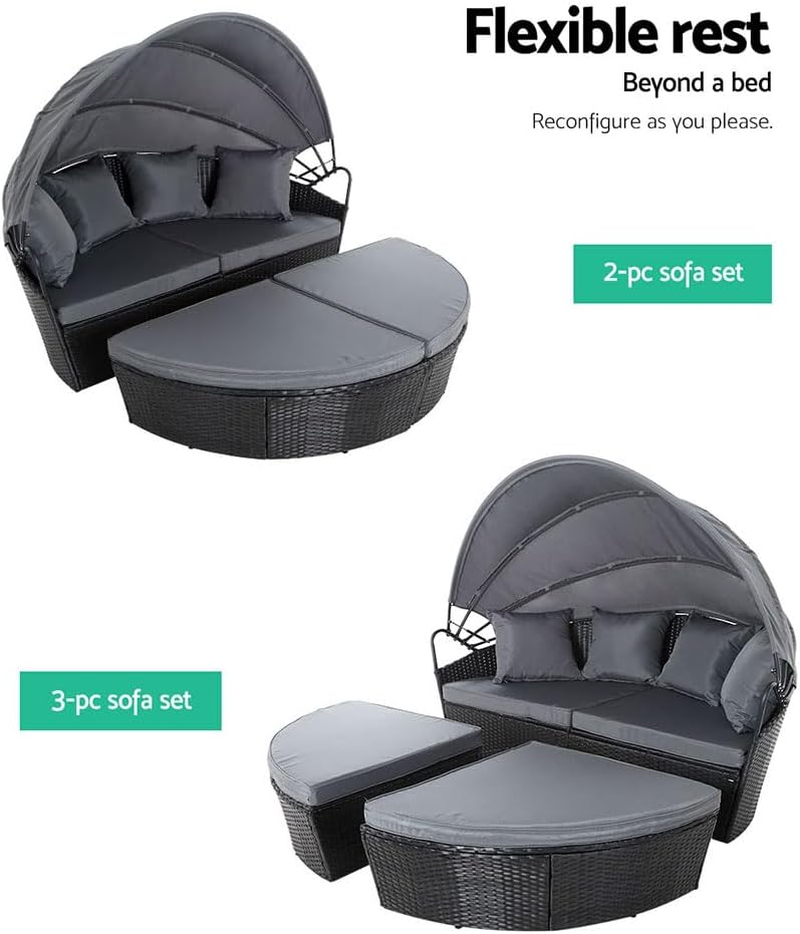 Gardeon Sun Lounge Camping Chair Wicker Folding Day Bed Rattan Lounger, Beach Chairs Sofa Outdoor Furniture Garden Patio Setting Pool Backyard, with Canopy Cushion Pillow Modular Design Black Set of 3 image number 1