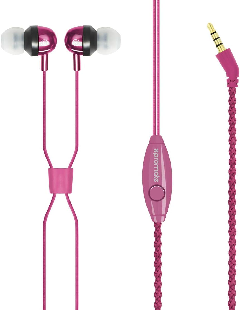 Promate Handheld Stereo Earbuds 1.2M Fabric Cable Finish Hands Free Built-In Mic Pink Retro Pink