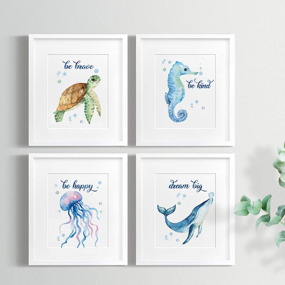 SUUURA-OO Lovely Inspirational Words Texture of Dreams Watercolor Sea Marine Life Art Print Set of 4 (8&rdquo;X10&rdquo;), Sea Turtle Seahorse Fish Whale Jellyfish Wall Poster, Blue Ocean Theme Nursery Kids Room Wall Decor image number 4