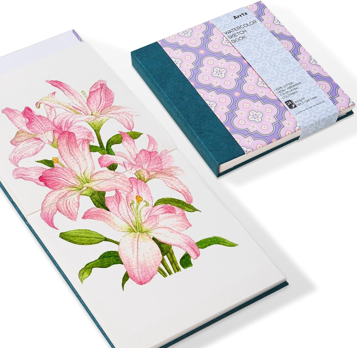 Arrtx Square Watercolor Paper Sketchbook, 5.47X5.47'', 140 LB, 300 GSM, 100% Cotton Paper, Cold Press, 24 Sheets, Hardcover Watercolor Journal for Use as Travel Notebook for Artists Adults Students