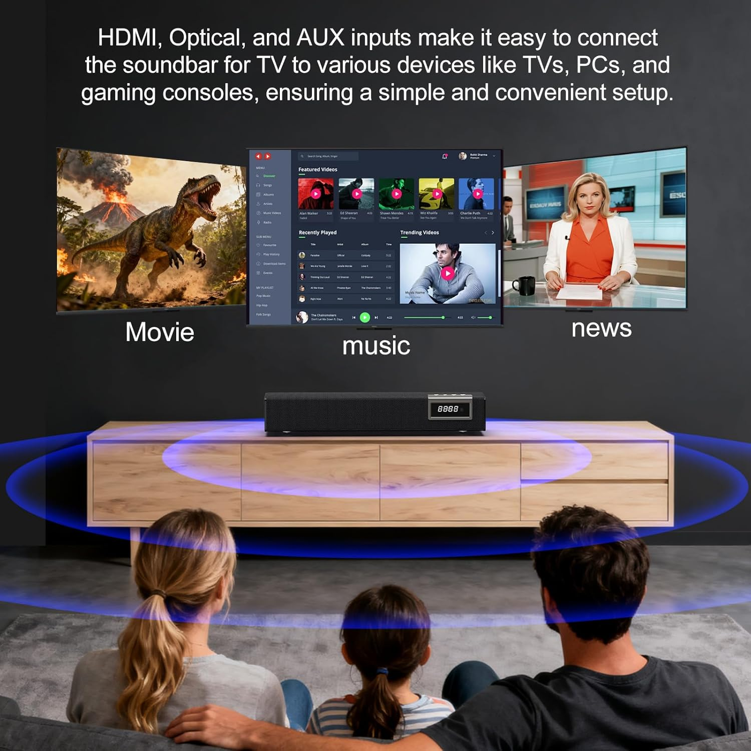 Sound Bar for Smart TV, 50W Bluetooth Soundbar with Optical/Aux/Hd 3D Input, Surround Sound System, Home Theatre Speaker image number 4