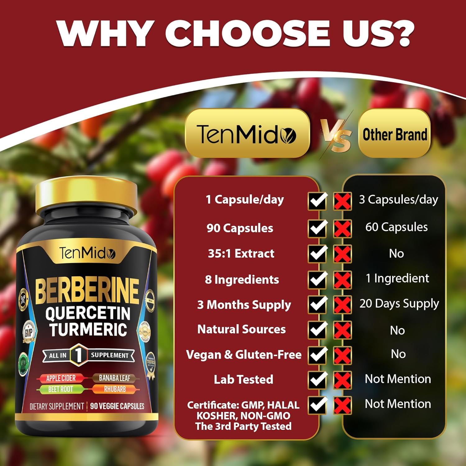 Berberine Supplement for Men and Women, 8In1 Formula with Quercetin, Turmeric, Apple Cider Vinegar, Beet Root & More - Digestive, Immune Support - Rich in Nutrient - 90 Capsules